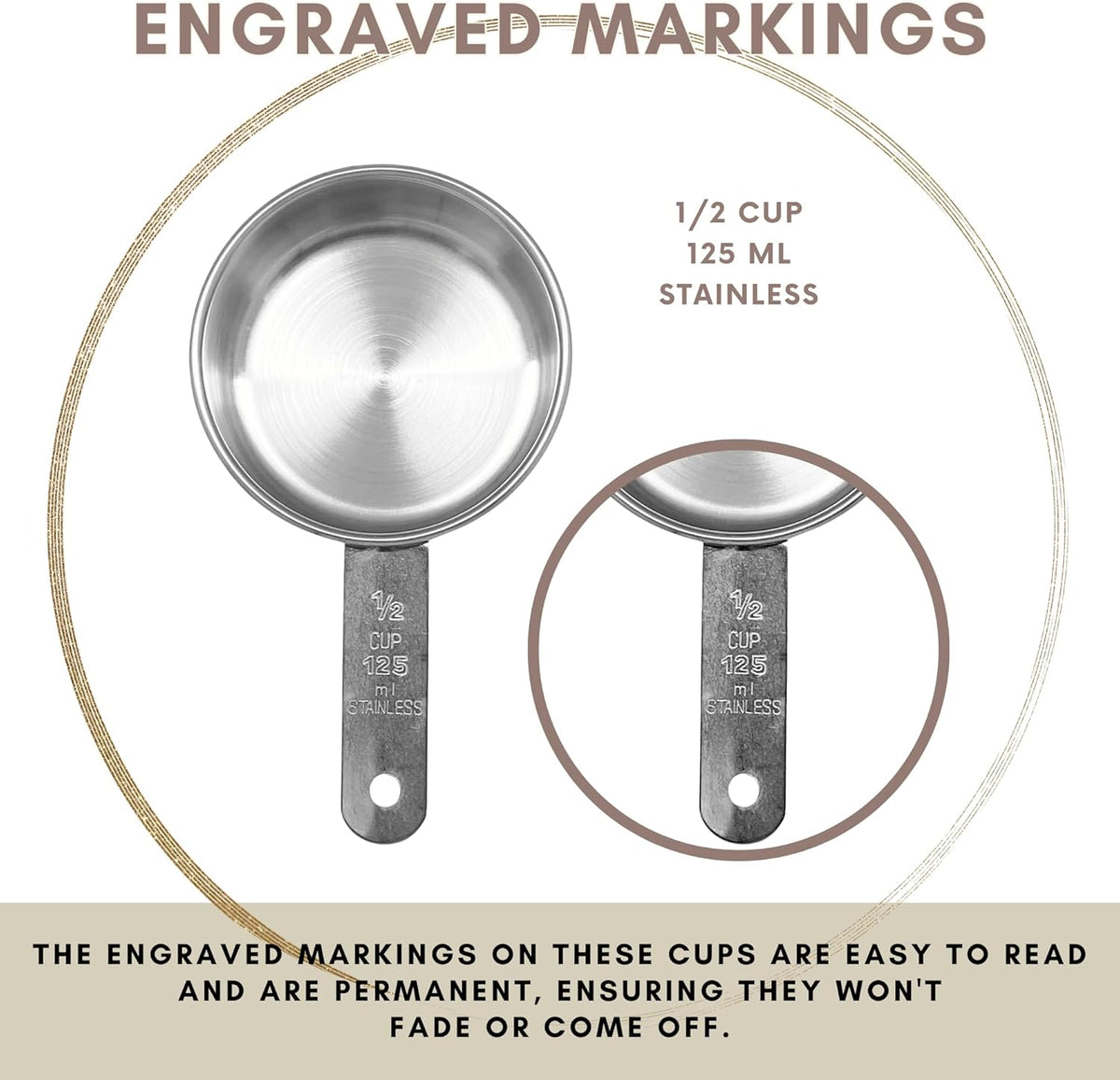 1/2 Cup Stainless Steel Measuring Cup | Sturdy Metal 125 ml | 125 cc | 4 oz | Single Cup for Wet