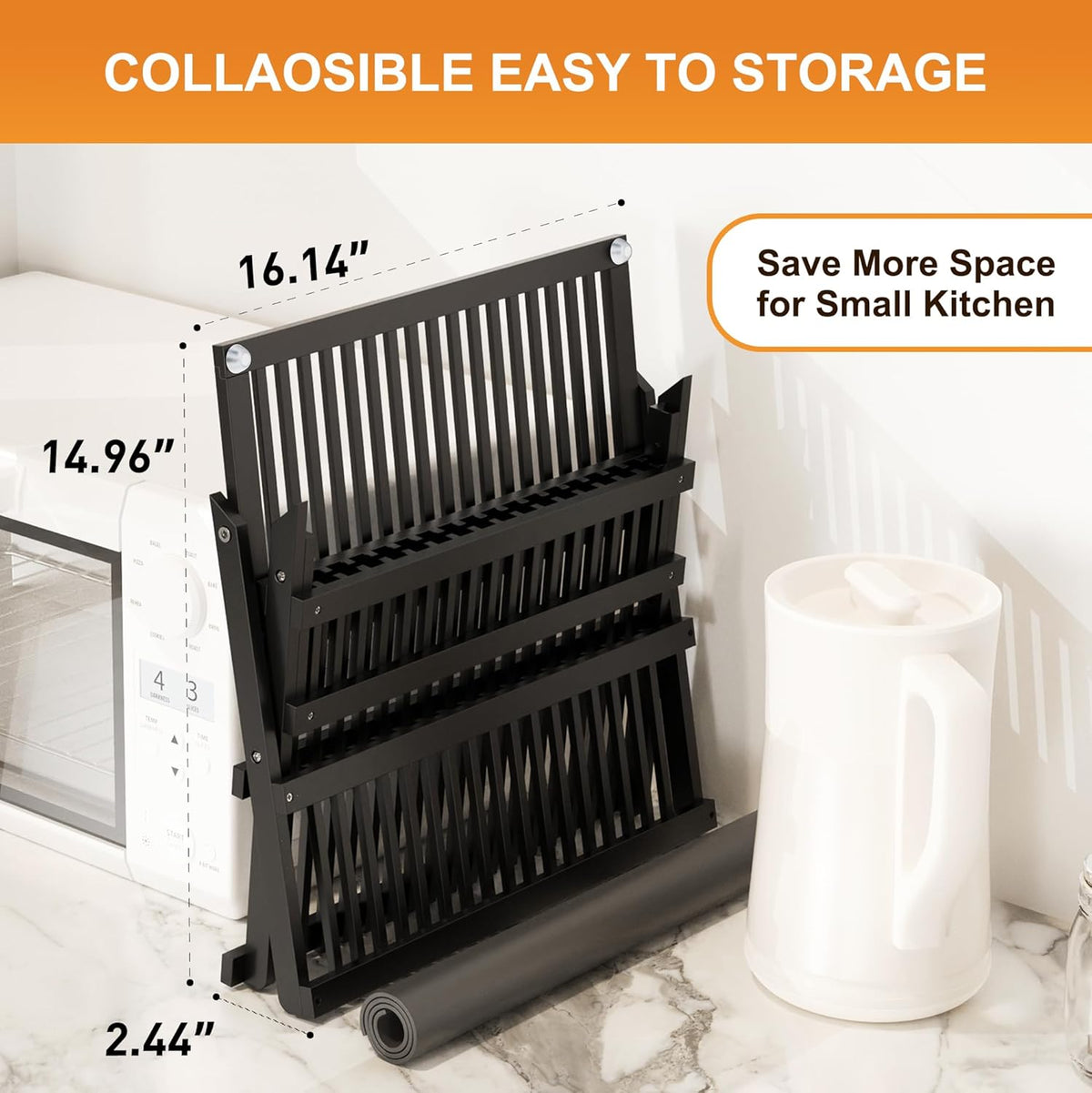 Greenual Black Bamboo Dish Drying Rack with Utensil Holder, 3 Tier Collapsible Dish Rack, Wooden