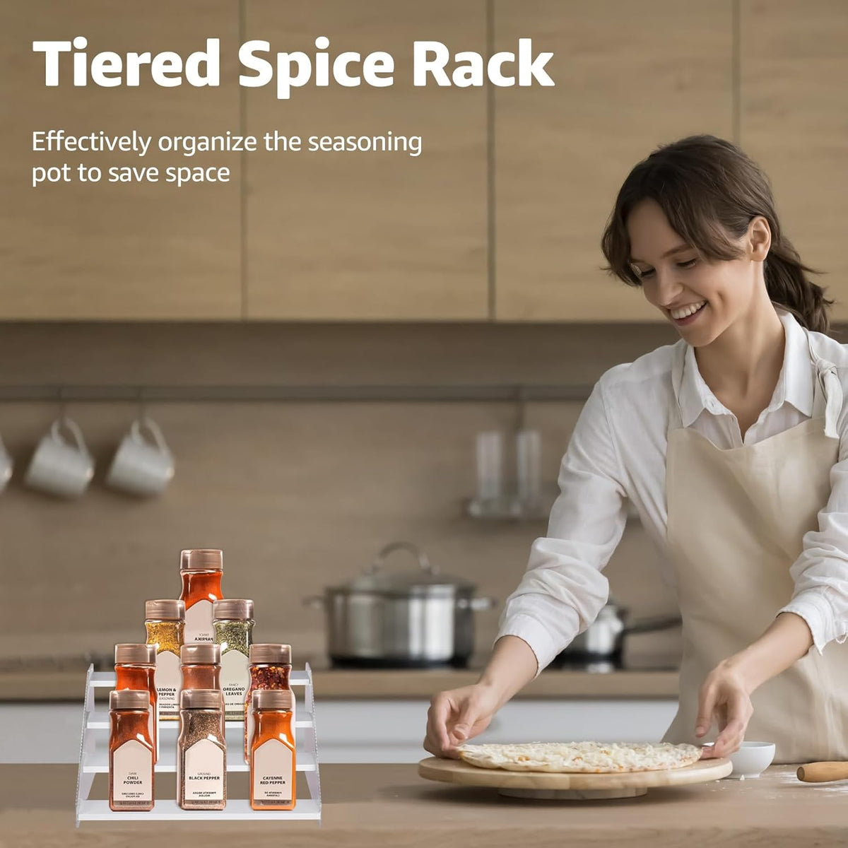 nianfeng Tiered Spice Rack, 4-Tier Spice Pantry Kitchen Cabinet Organizer, 12-Inch, Natural Wood