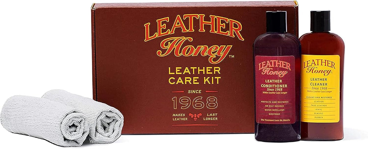 Leather Honey Complete Leather Care Kit: Cleaner, Conditioner, 2 Cloths. Non-Toxic Leather Care