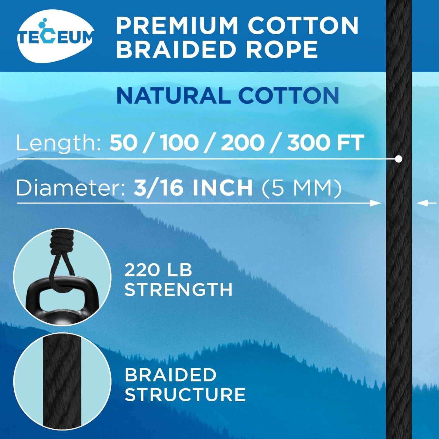 TECEUM Cotton Rope 3/16” (5 mm) – 100 FT – Strong All-Purpose Braided Rope – Natural Cotton – for