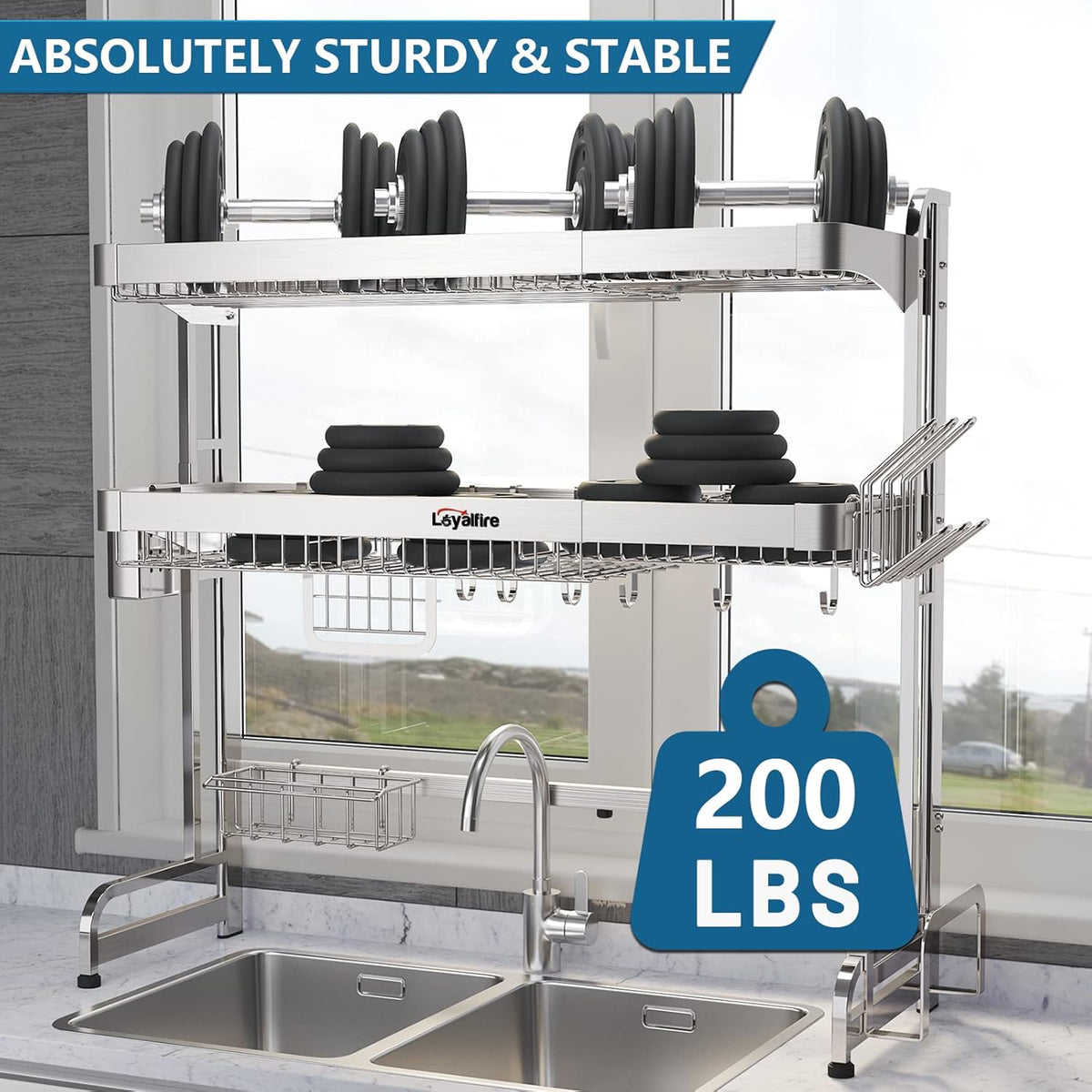 Over Sink Dish Drying Rack, 3 Tier Adjustable Length (20.87'' to 37.6'') Full Stainless Steel Large