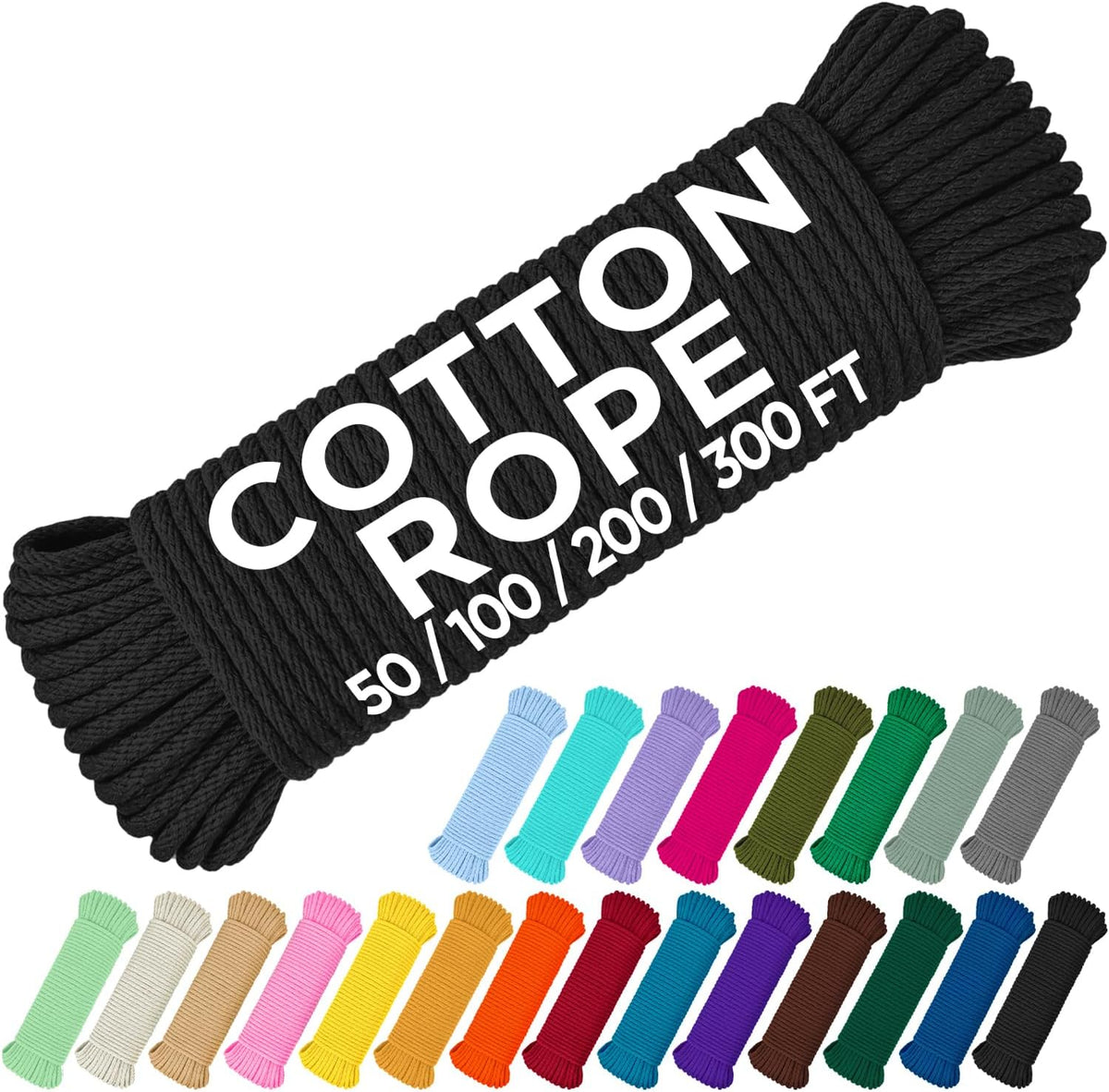 TECEUM Cotton Rope 3/16” (5 mm) – 200 FT – Strong All-Purpose Braided Rope – Natural Cotton – for