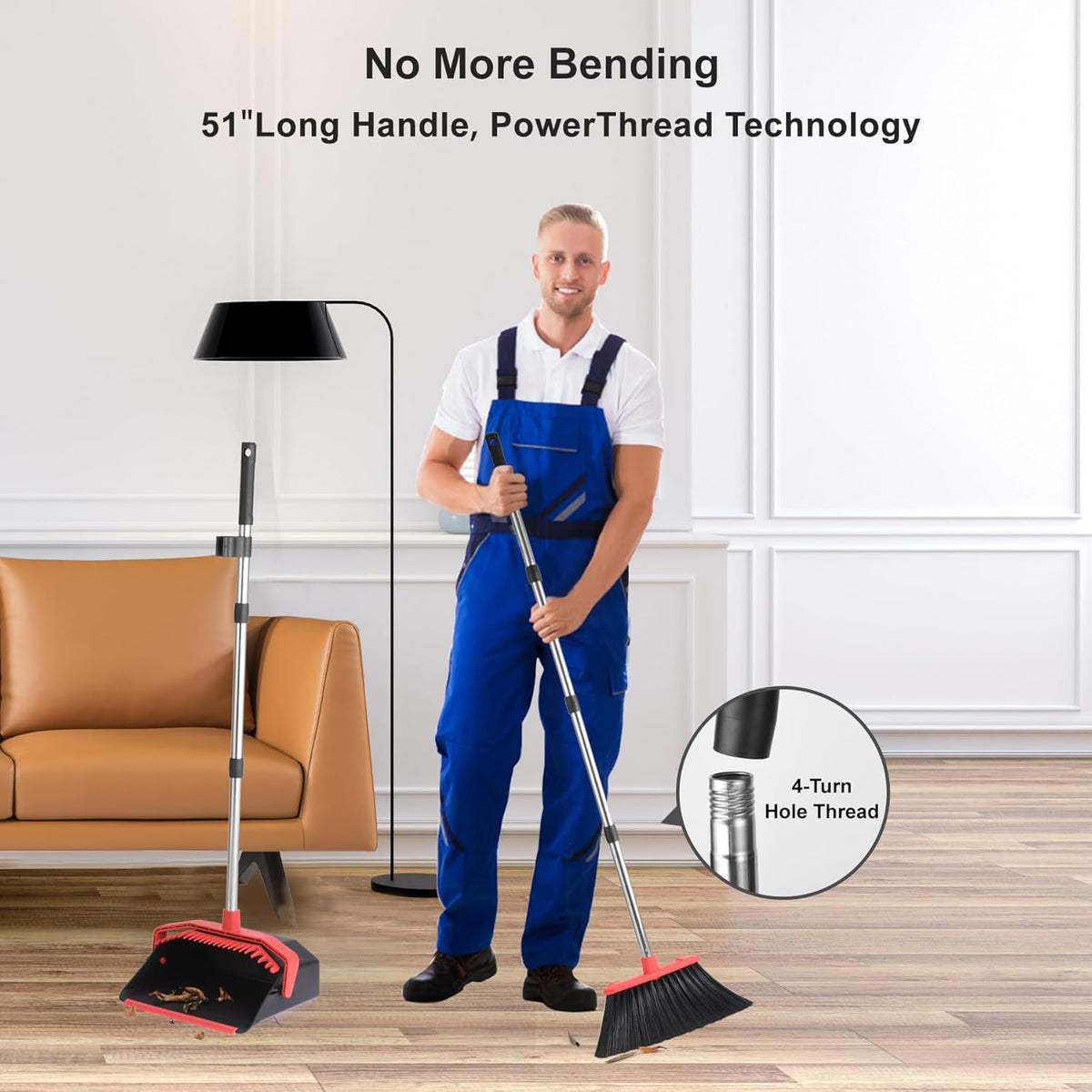 Upgrade Broom with Dustpan Combo Set, Broom and Dustpan Set with 51'' Long Handle, Dust Pan and
