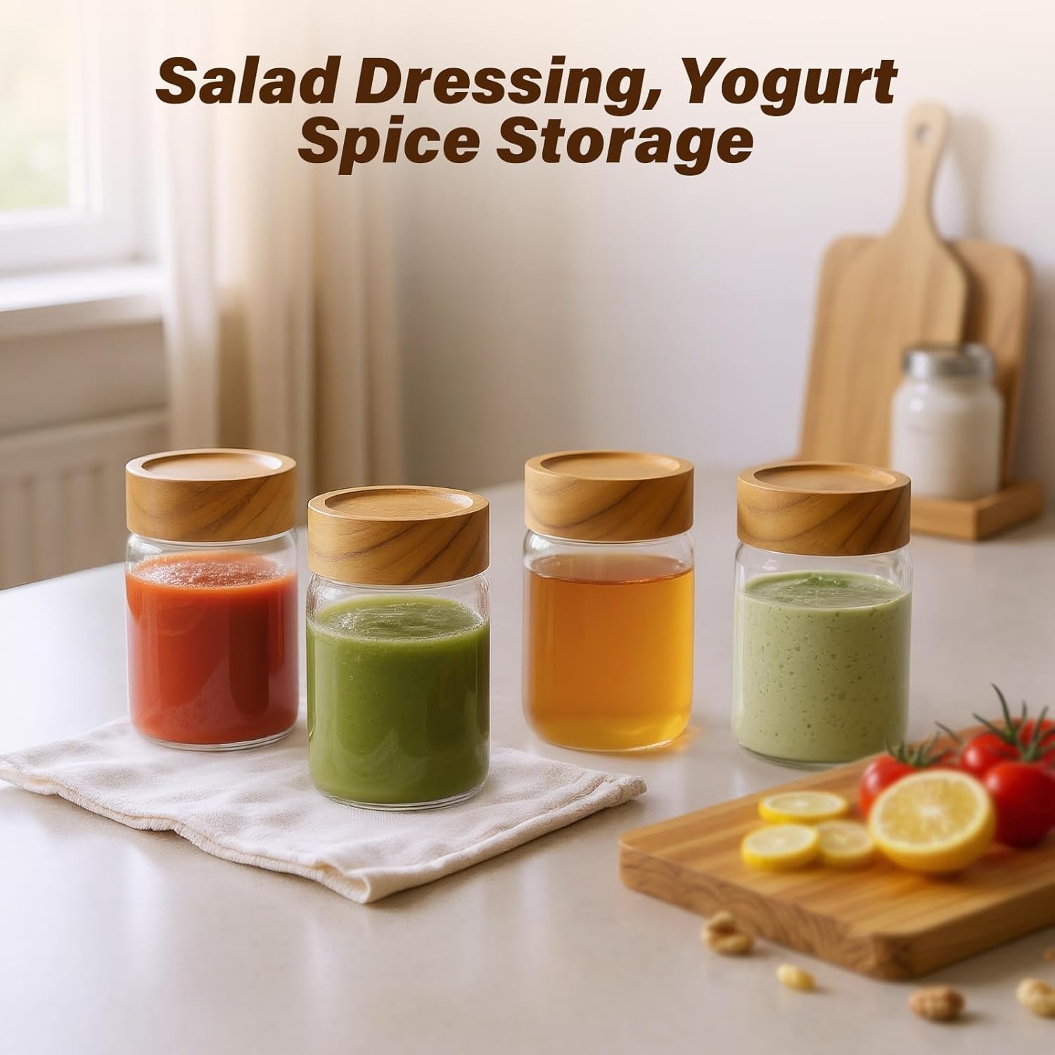 6pc Glass Mason Jars with Acacia Wood Airtight Lids - Overnight Oats & Food Storage Container Set