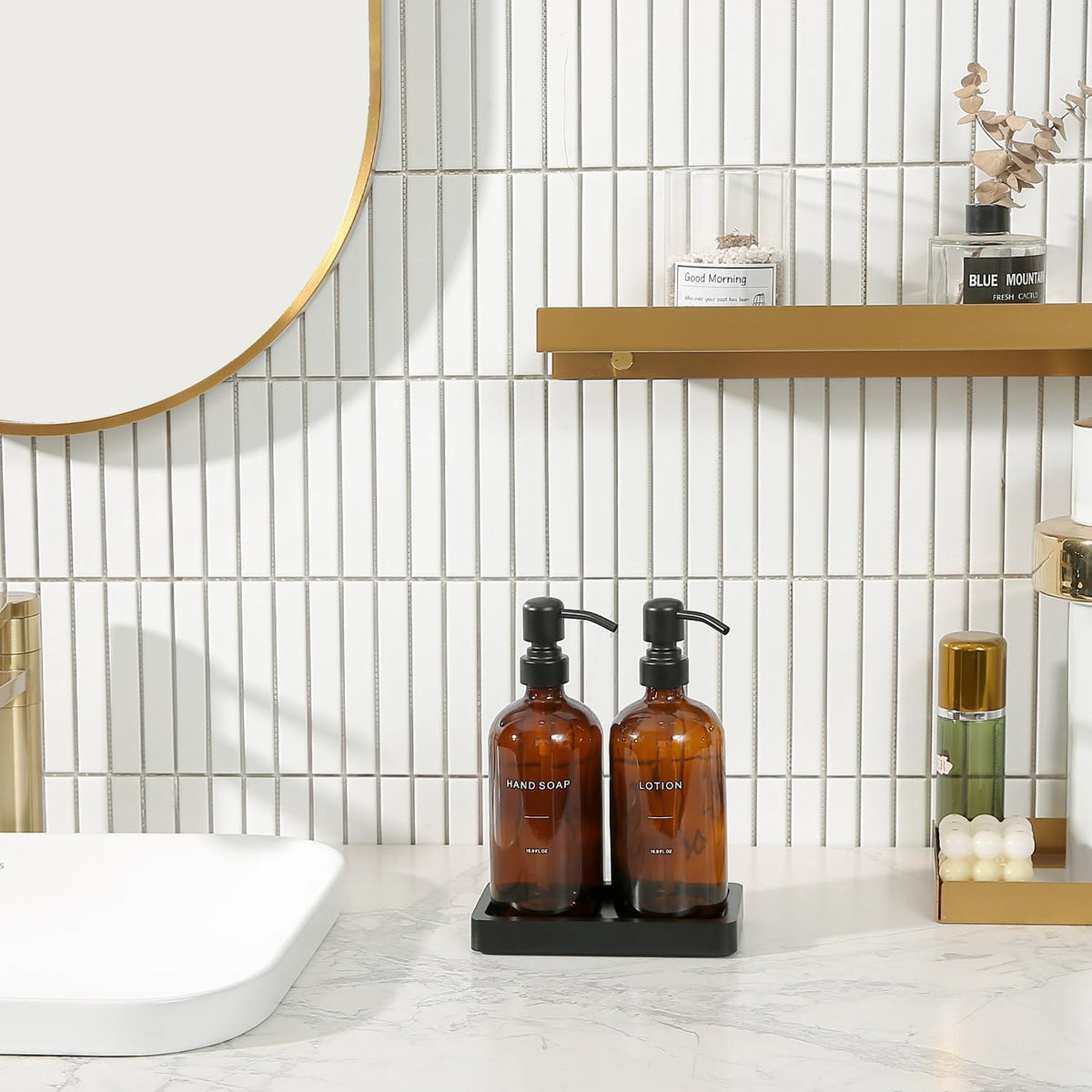 Amber Glass Soap Dispenser Set, Hand Soap and Lotion Set with Black Stainless Steel Pump, Perfect