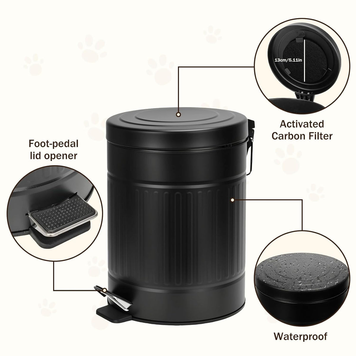 5L/1.3 Gal Dog Poop Trash Can with Lid - Stainless Steel Outdoor Pet Waste Bin, Step Pedal Soft