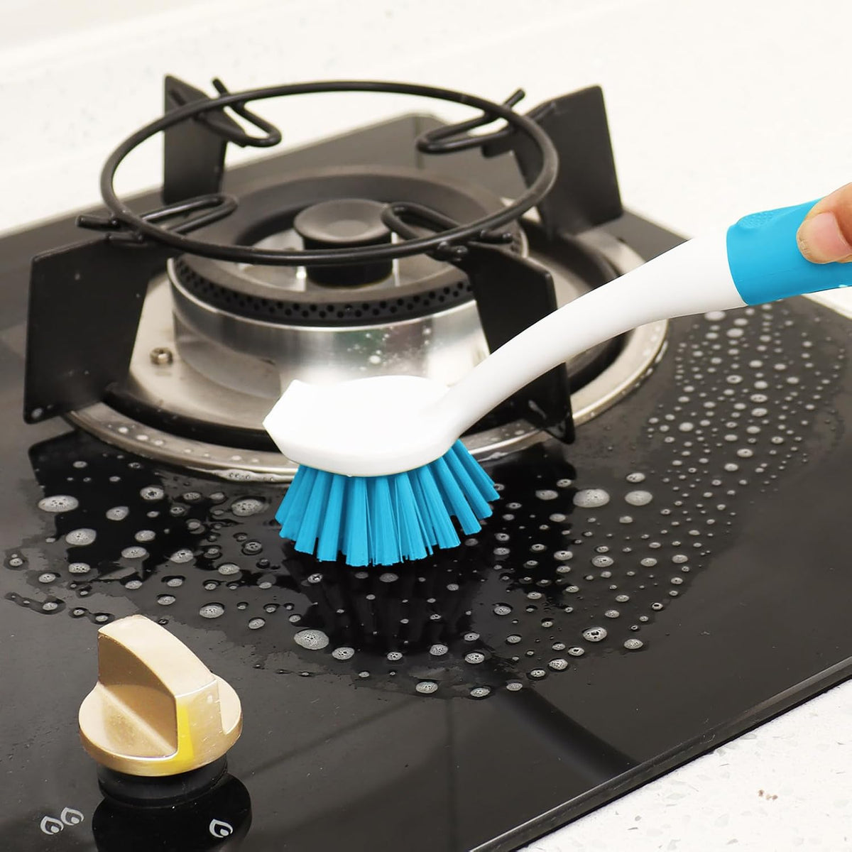 Dish Brush with Handle, 2 Pack Scrub Brushes with Built-in Scraper for Cleaning Kitchen, Pots, Pans