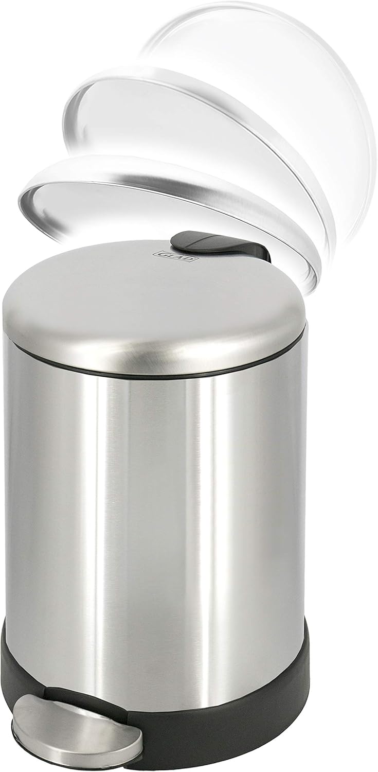 GLAD Small Trash Can, 1.2 Gallon | Round Stainless Steel Garbage Bin with Soft Close Lid & Step