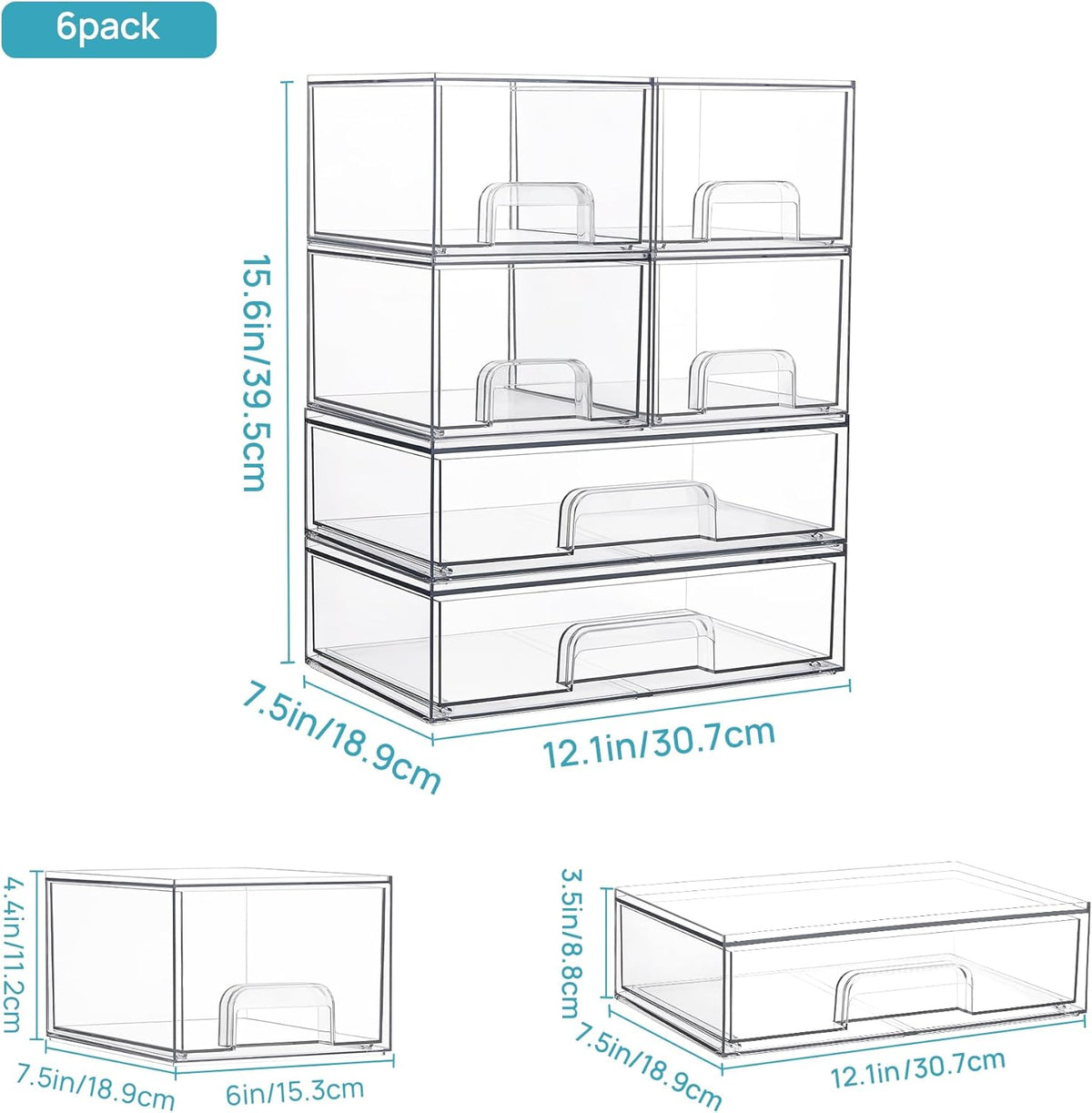 Vtopmart Stackable Storage Drawers Set of 6, Clear Plastic Organizer Bins for Bathroom