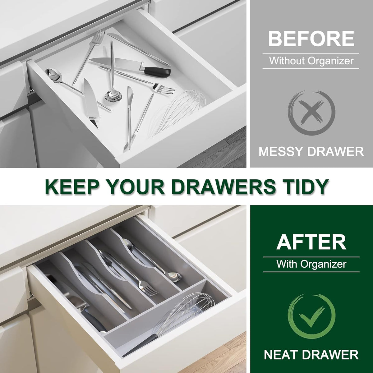 Bellsal Grey Utensil Organizer 10 Inch Silverware Tray for Drawer Utensil Holder Cutlery Organizer