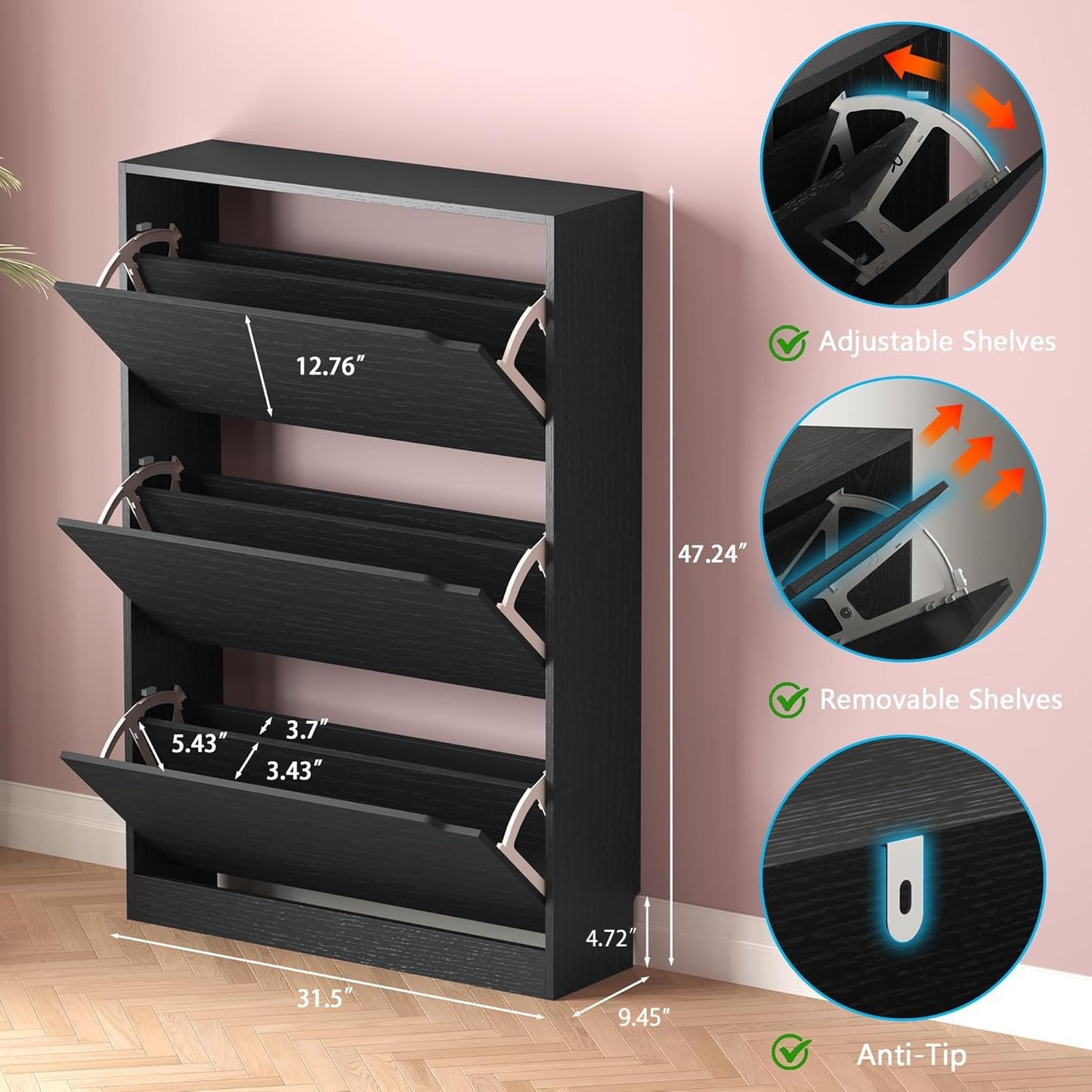 Shoe Storage Cabinet with 3 Flip Drawers,Narrow Shoe Rack Cabinet,Freestanding Organizer Storage