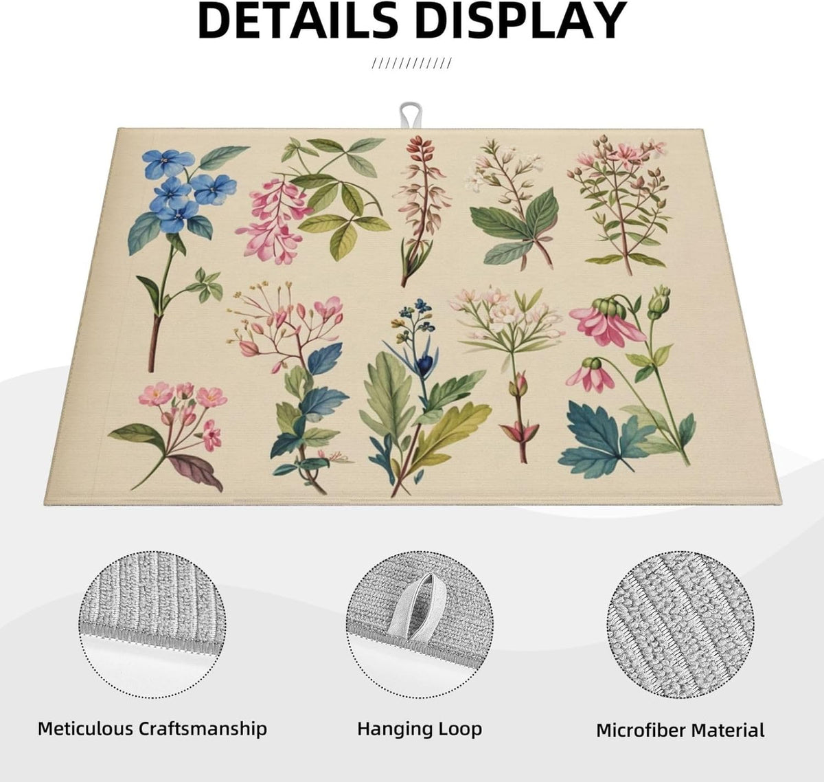 Vintage Plants Herbs Floral Dish Drying Mat Highly Absorbent Double-Sided Microfiber with Hanging