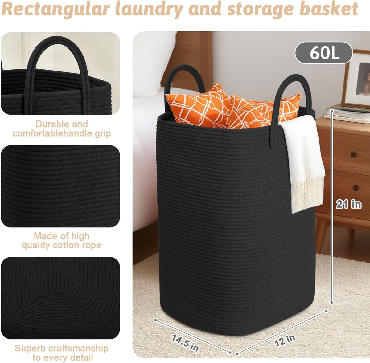 Laundry Basket,Woven Cotton Rope Laundry Hamper,60L Versatile Storage for Dirty Clothes,Baby