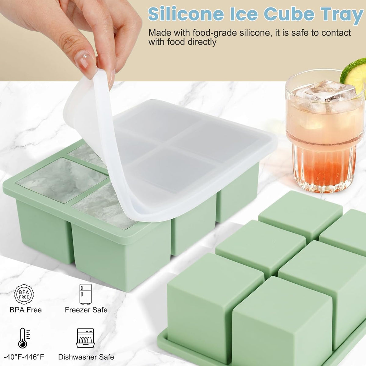 Large Silicone Ice Cube Tray 3Pack, SAWNZC Big Square Ice Cube Molds for Whisky Cocktail, Ice Maker