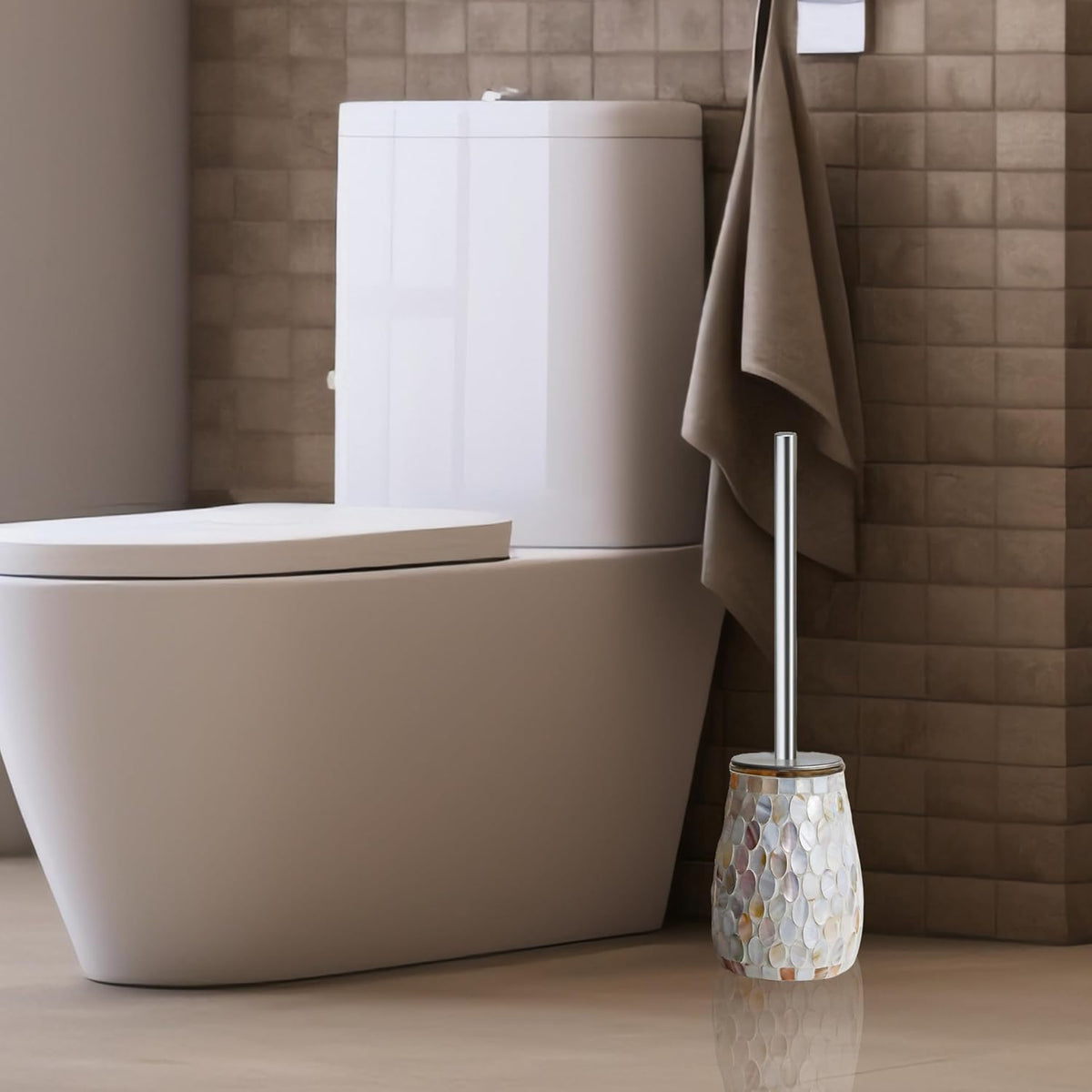 Escenzy Modern Toilet Brush and Holder Set | Natural Shell Mosaic Glass | Non-Rustic Stainless