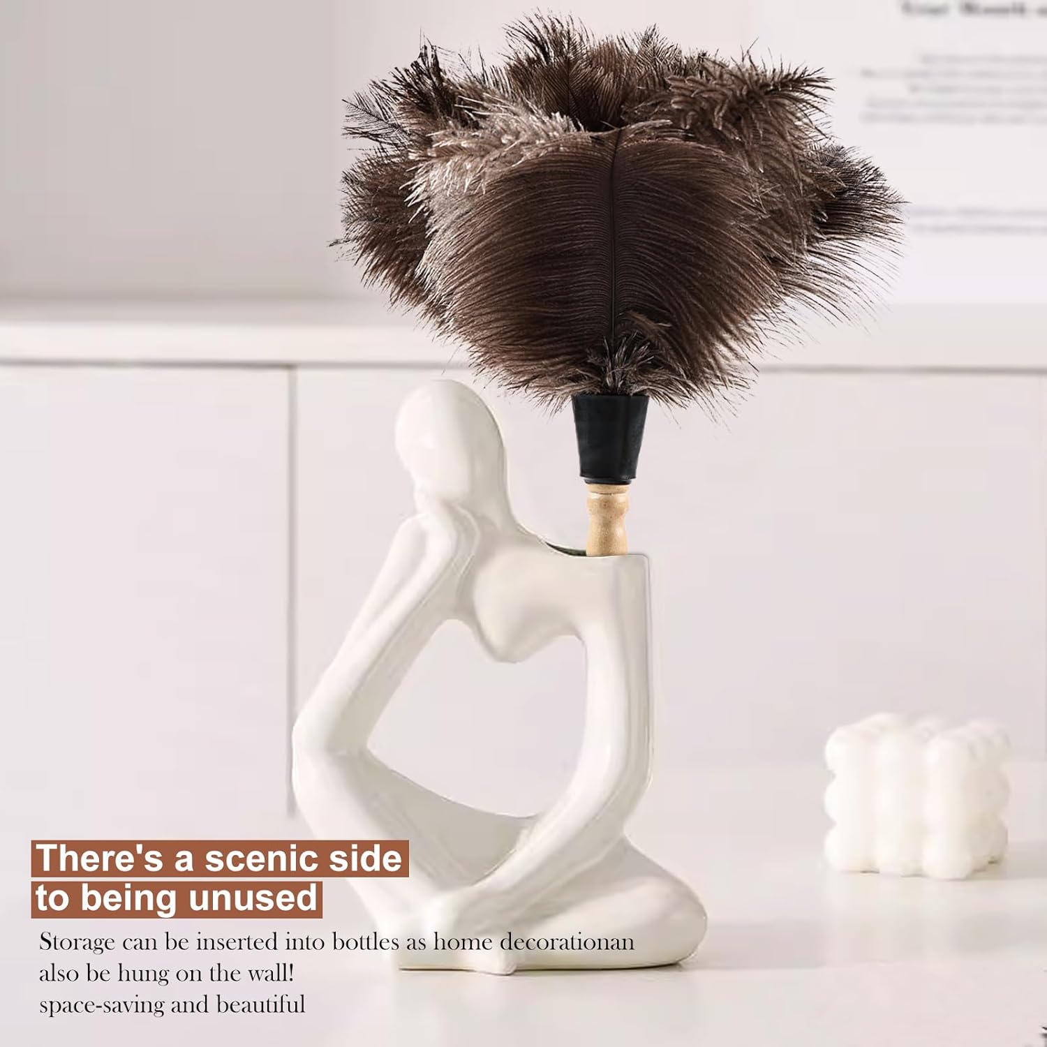 Ostrich Feather Duster 14" Natural Handheld Reusable Feathers Dusters with Wooden Handle for