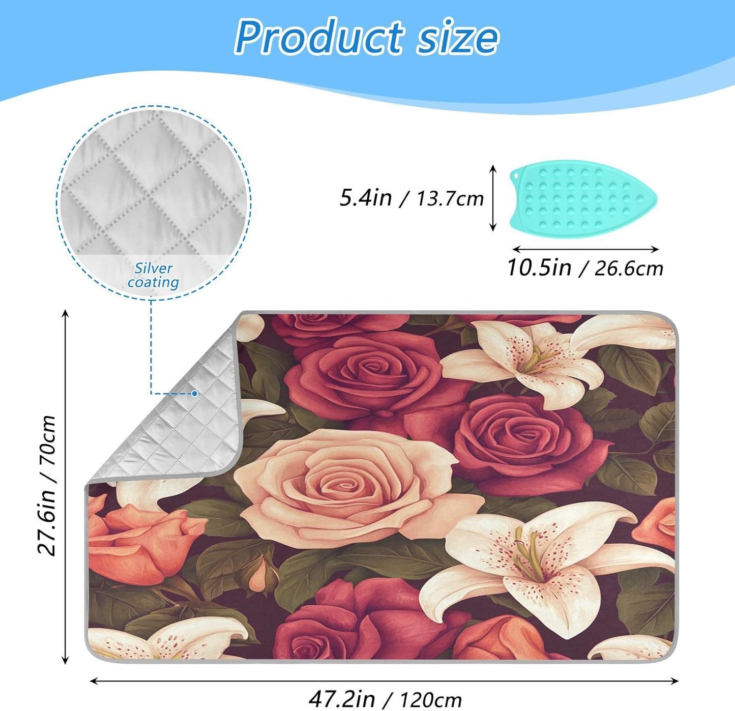 Roses and Lily Flowers Ironing Mat Thickened Ironing Blanket Travel Portable Double-Side Using