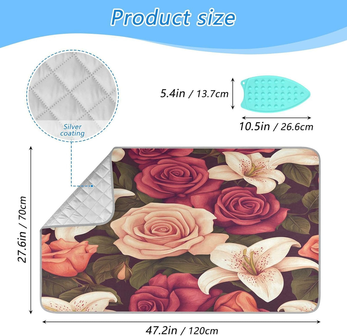 Roses and Lily Flowers Ironing Mat Thickened Ironing Blanket Travel Portable Double-Side Using