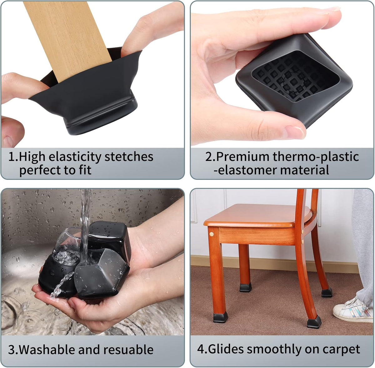 Ezprotekt 24 Pcs Large Chair Leg Sliders for Carpet, Square Black Teflon Furniture Glides Pads Caps