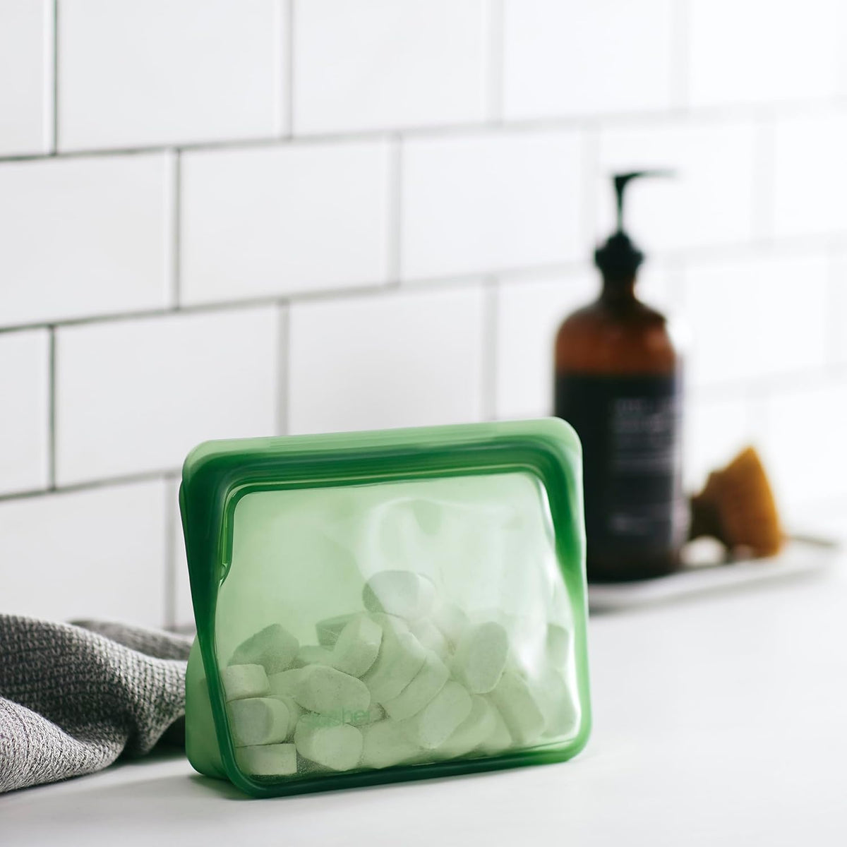 Stasher Premium Silicone Reusable Food Storage Stand-Up Mini Bag, Green, Microwave, Sous Vide