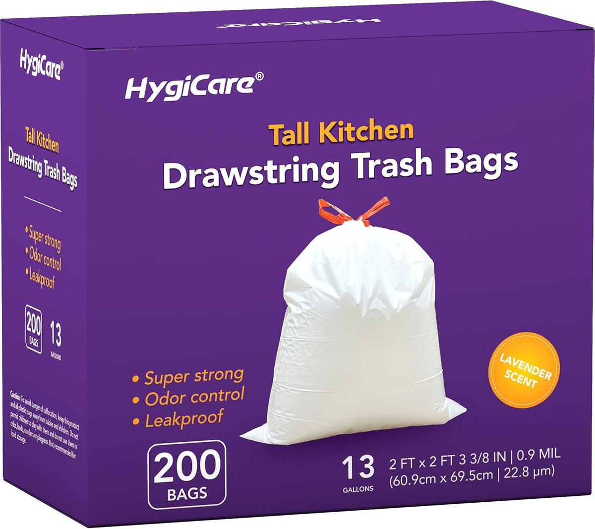 13 Gallon Tall Kichen Trash Bags, Lavender Scented 200 Count Drawstring Garbage Bags