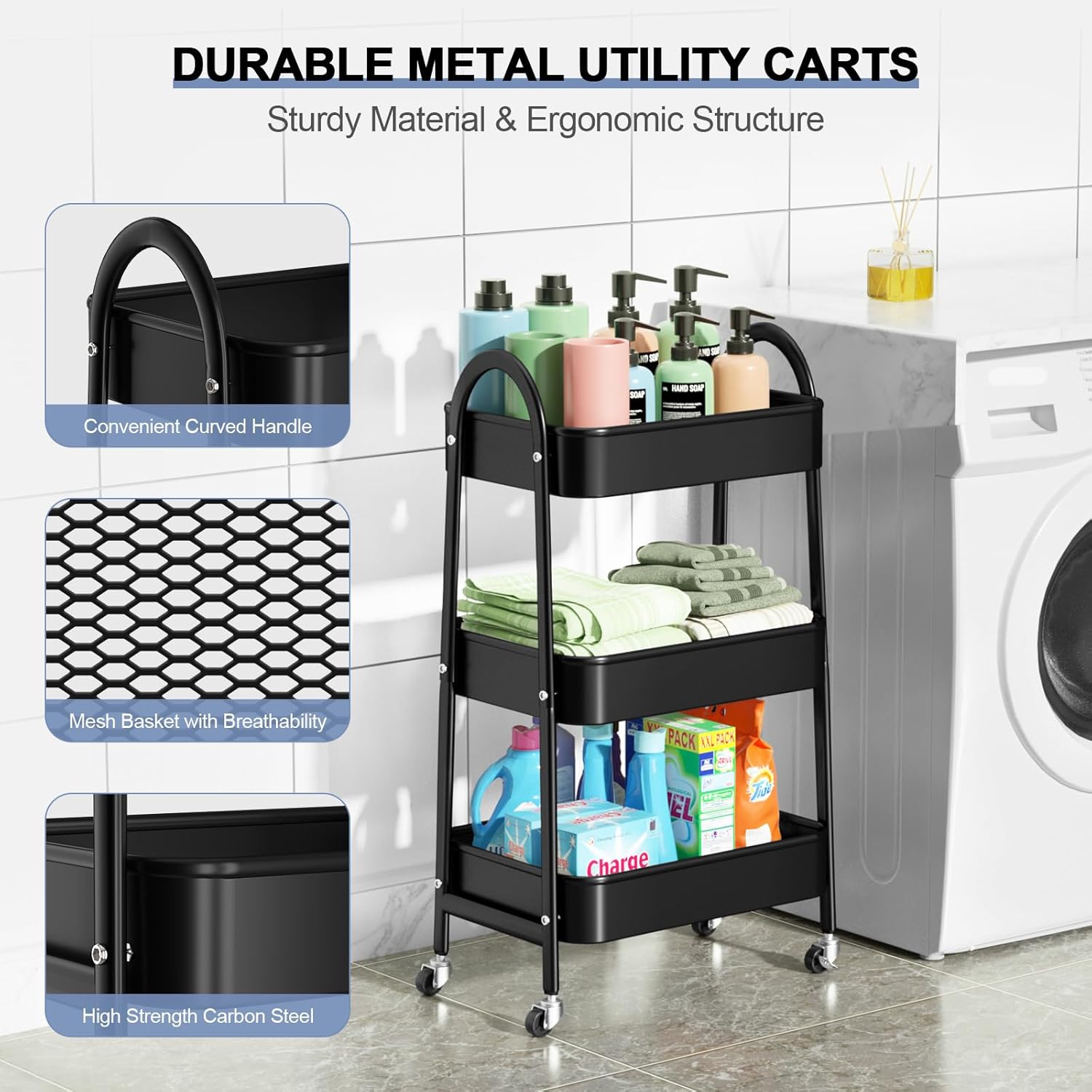 EAGMAK 3 Tier Utility Rolling Cart, Metal Storage Cart with Handle and Lockable Wheels