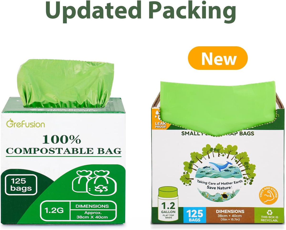 GreFusion Compostable Bags for Kitchen Compost Bin, 1.2 Gallon, 125 Count, Certified by BPI and
