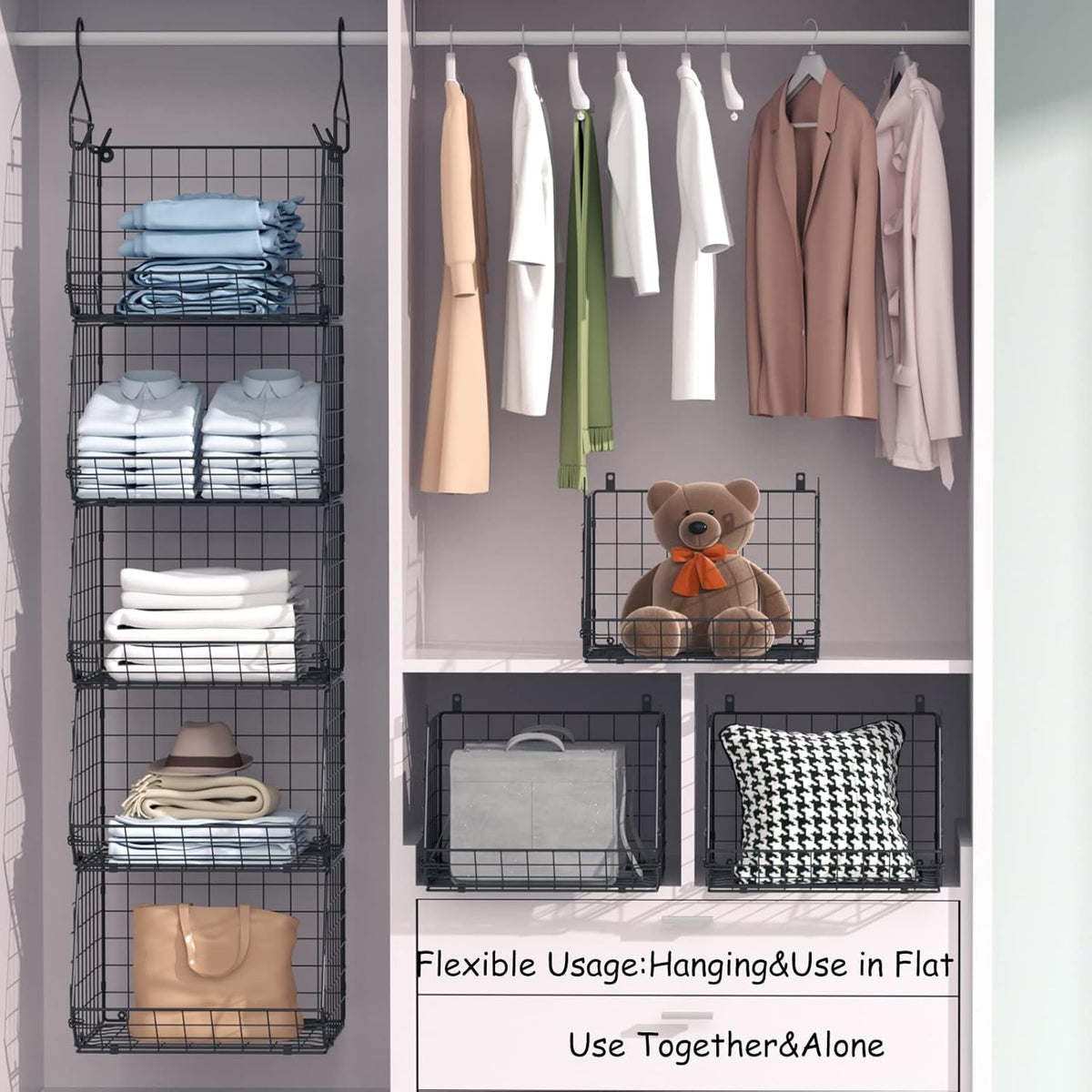 4 Tier Closet Hanging Organizer, Closet Organizers and Storage with 5 S Hooks, Closet Hanging