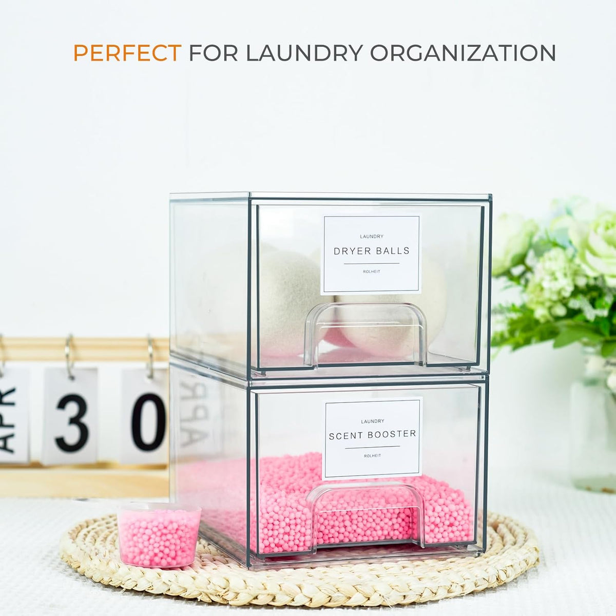 4 Pack Laundry Room Organization Storage Drawers with Labels, Clear Stackable Dryer Sheet Holder