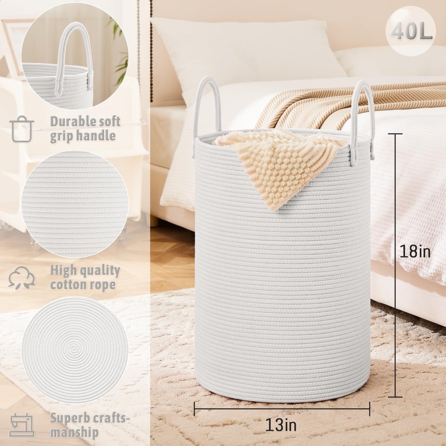 Laundry Basket,Woven Cotton Rope Laundry Hamper,40L for Decorative Storage of Dirty Clothes,Toys