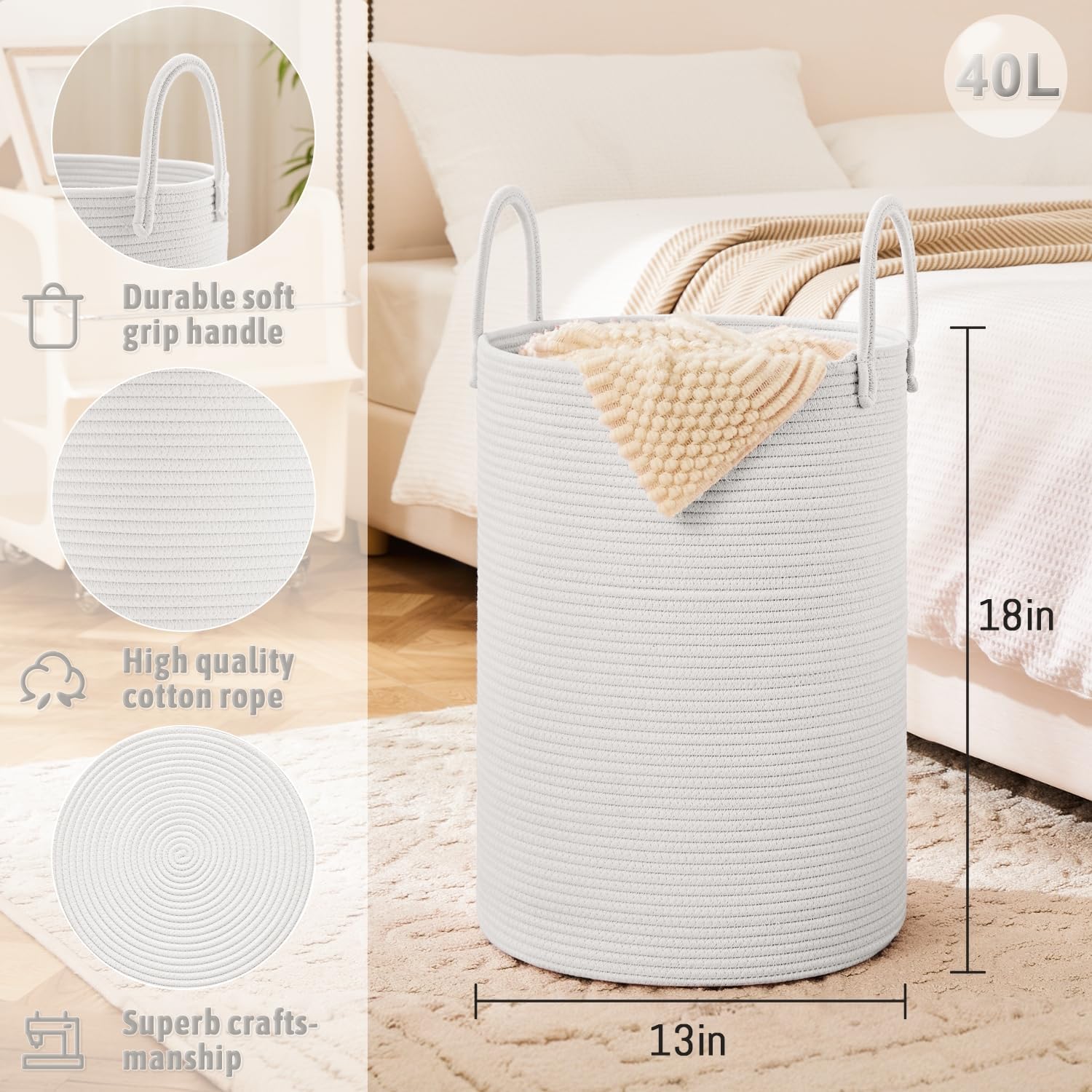 Laundry Basket,Woven Cotton Rope Laundry Hamper,40L for Decorative Storage of Dirty Clothes,Toys