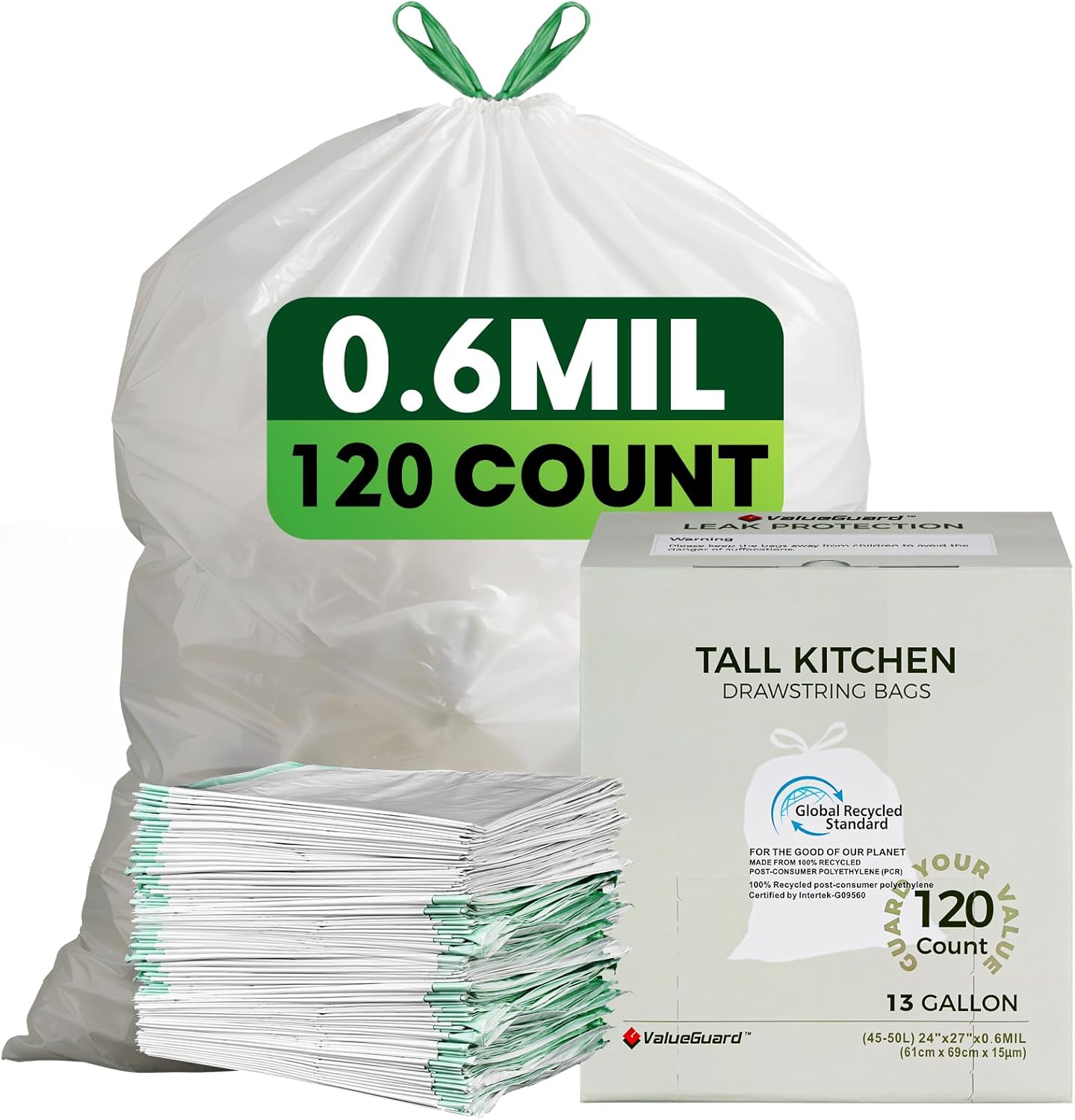 Large Trash Bag 13 Gallon Tall Drawstring 100% Post-Consumer Recycled Garbage Bag Waste Bag for