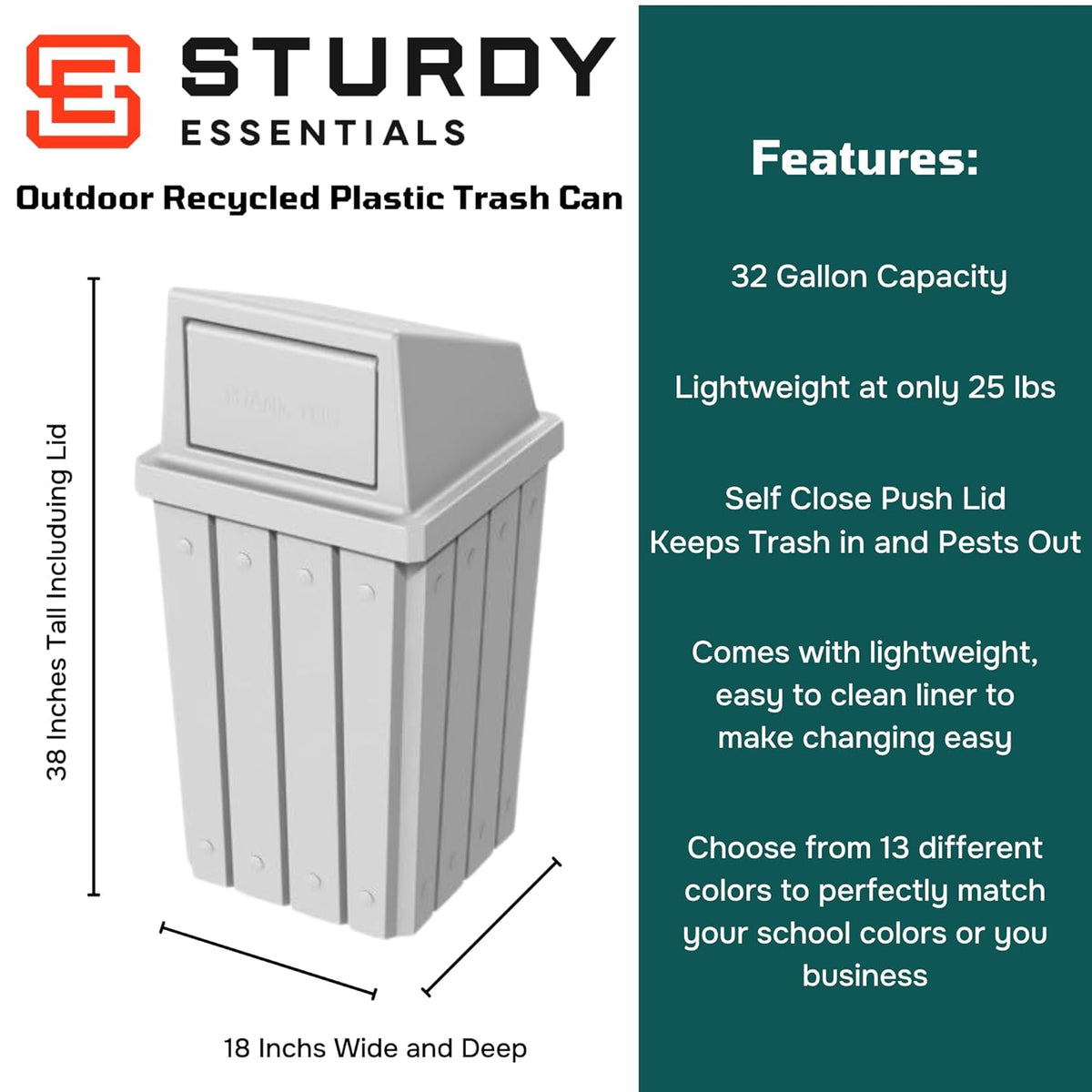 32 Gallon Square Slatted 100% Recycled Plastic Heavy-Duty Commercial Outdoor or Indoor Trash Can
