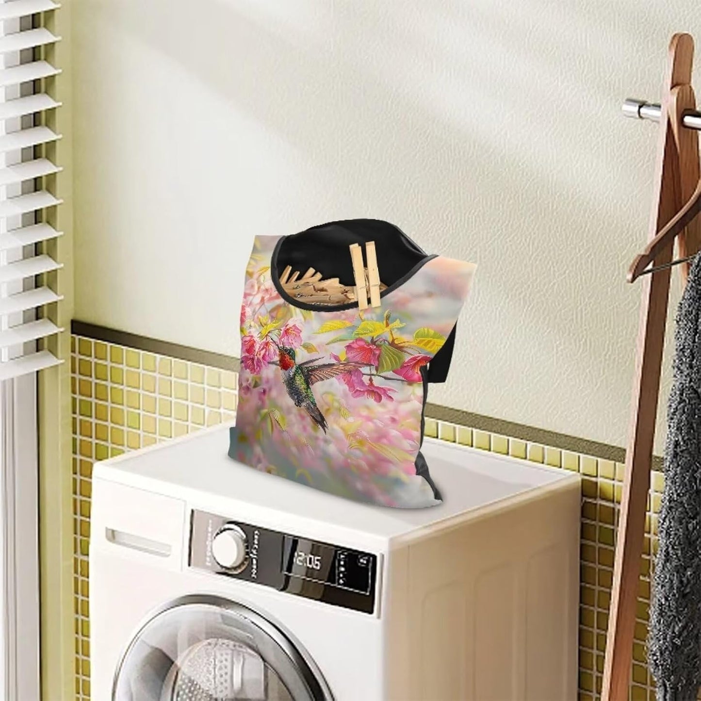 Hummingbird Clothespin Bag with Hanging Rope Cherry Blossom 14.5 x 12 Inch Summer Waterproof