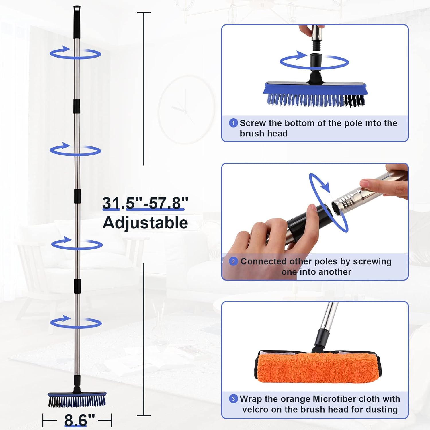 2 in 1 Floor Scrub Brush Grout Brush with 57.8" Long Handle,120°Rotatable Shower Tile Grout