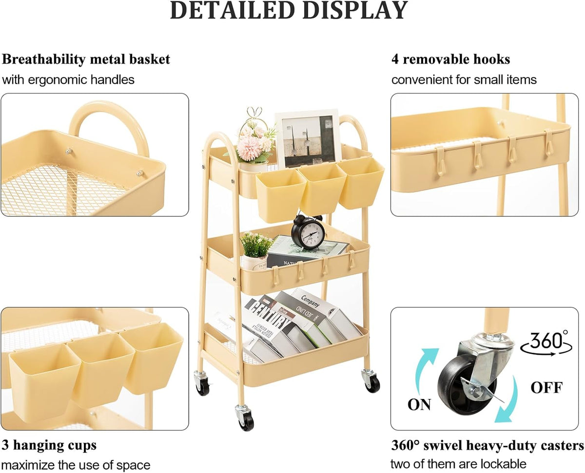 danpinera 3-Tier Rolling Cart, Metal Rolling Storage Cart with Lockable Wheels & Hanging Cups &
