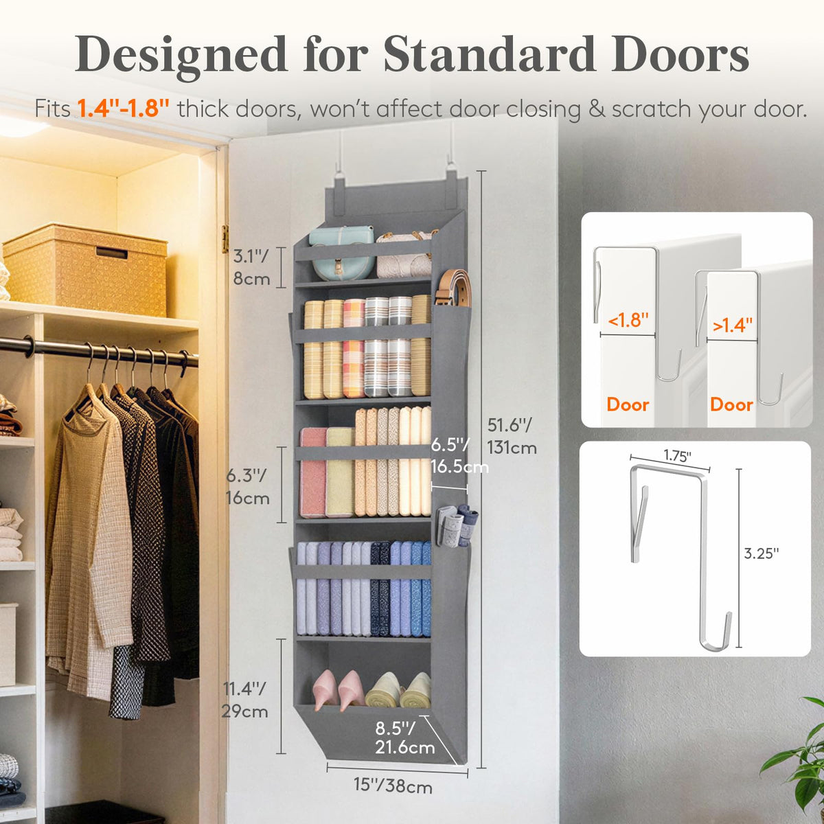 Lifewit 1 Pack Over the Door Organizer, Dark Gray, 40 lbs, Clear – view 2