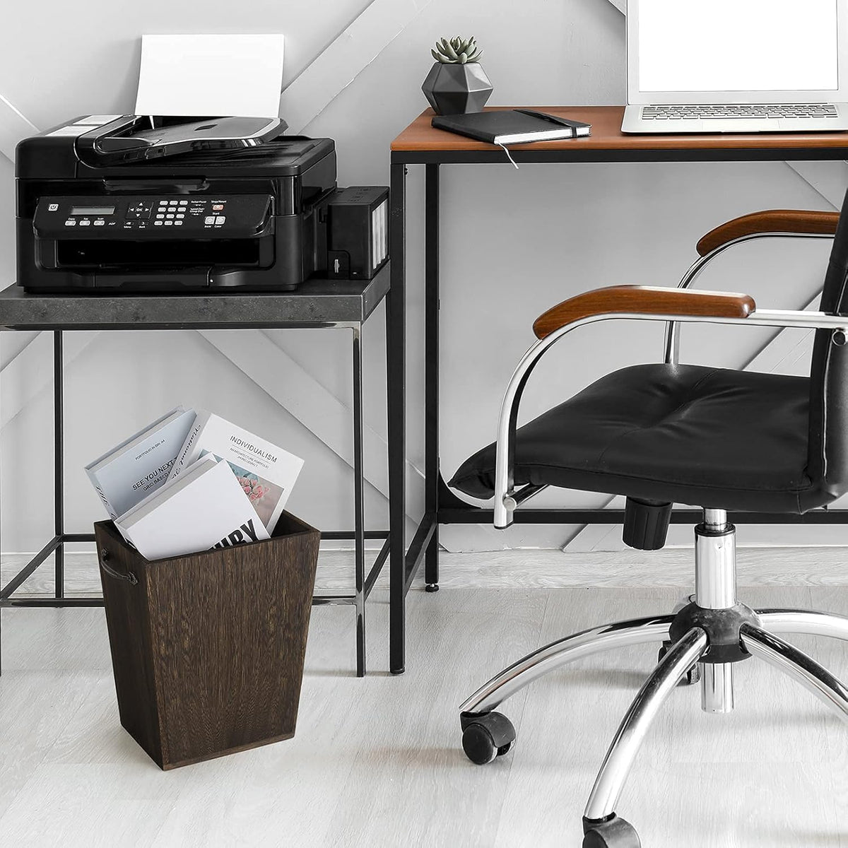Trash Can Wastebasket Wood Garbage Container Bin with Built-in Double Metal Handles for Office
