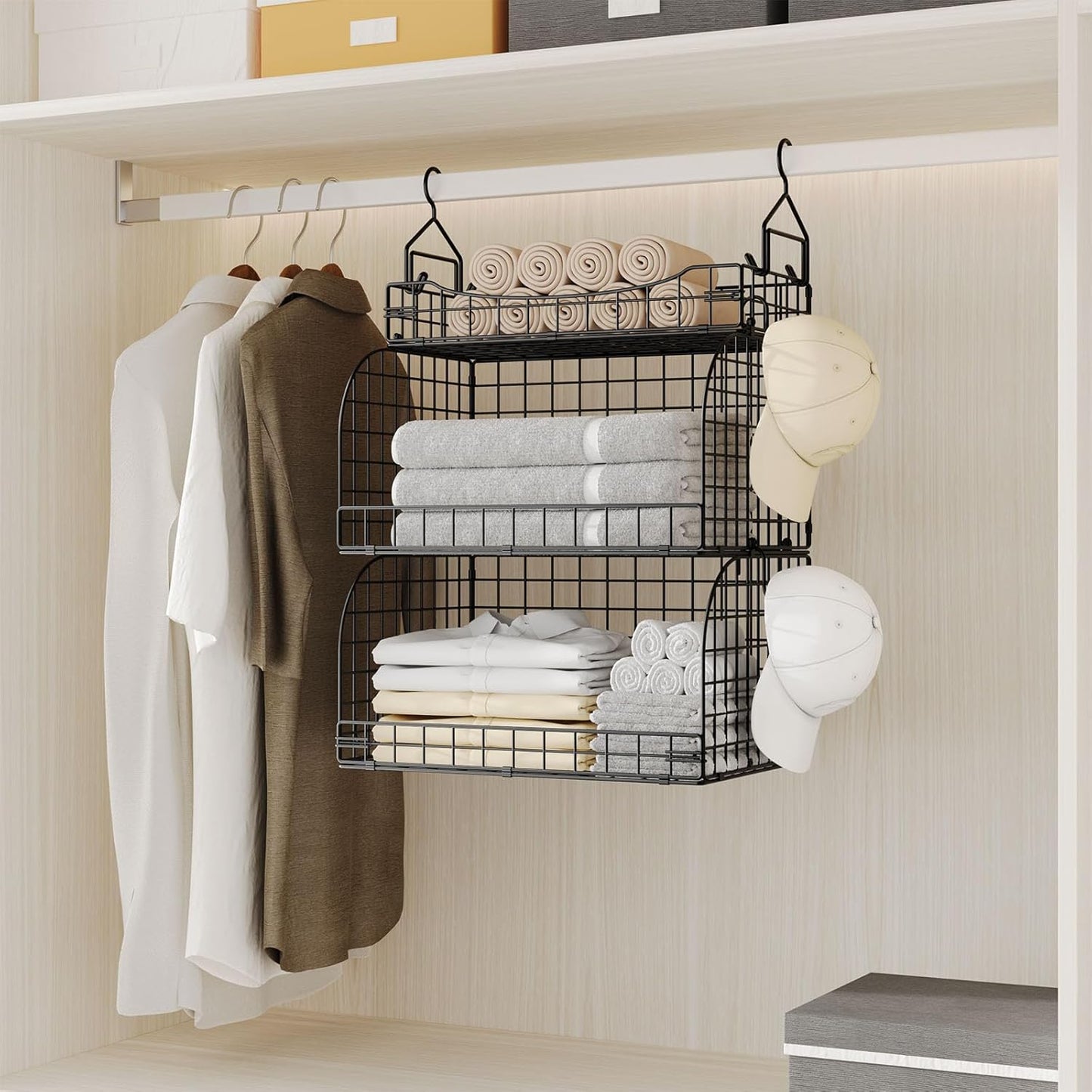 HapiRm Hanging Closet Organizer Storage - 3 Tier Metal Stackable Hanging Closet Shelves with