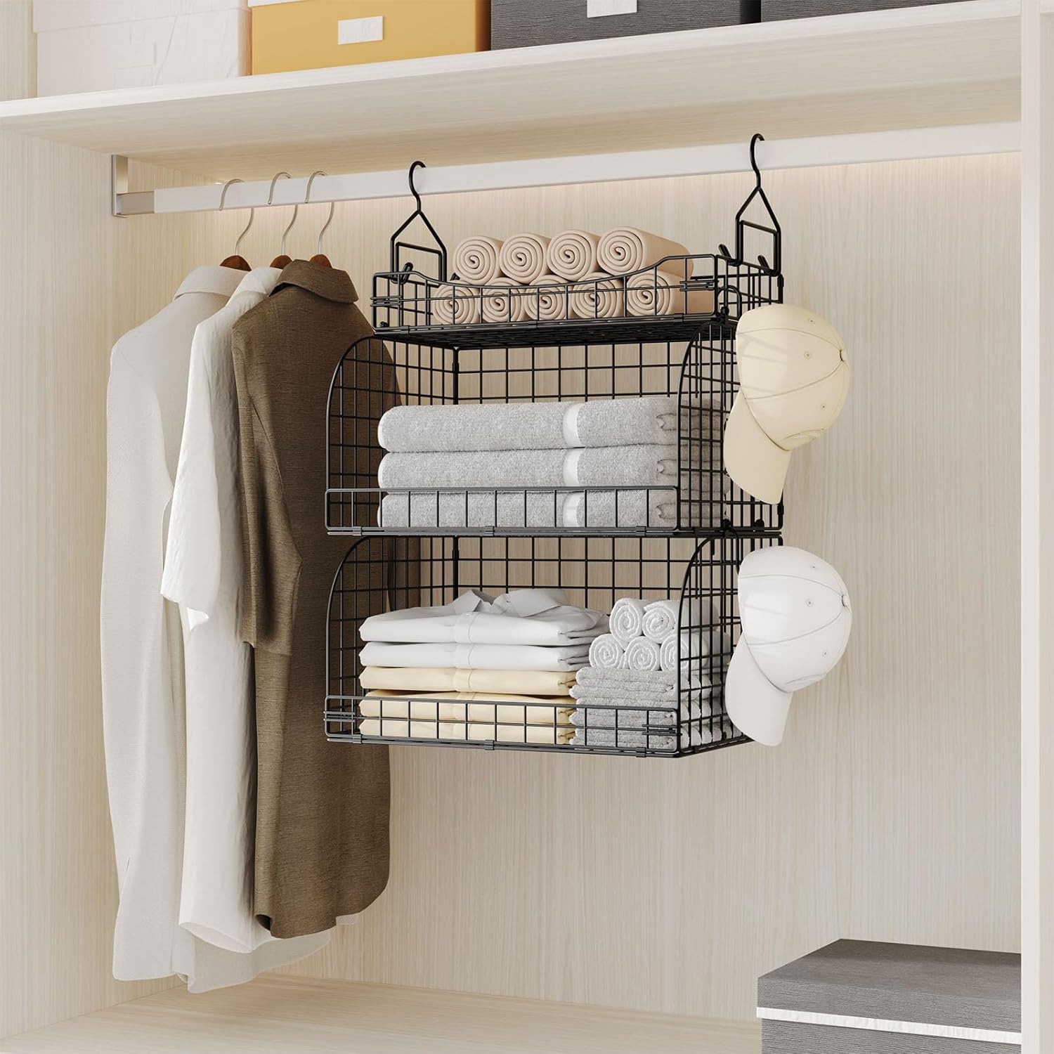 HapiRm Hanging Closet Organizer Storage - 3 Tier Metal Stackable Hanging Closet Shelves with