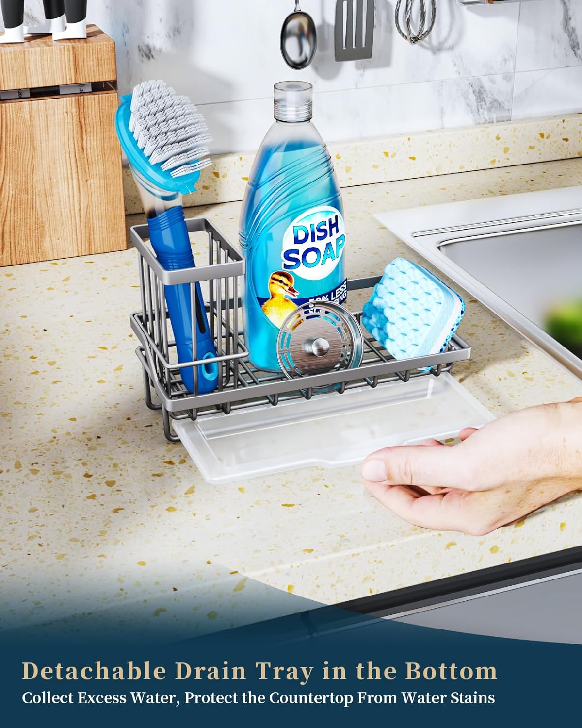 Consumest Sponge Holder for Kitchen Sink, Sink Caddy Organizer with Removable Drip Tray, Countertop