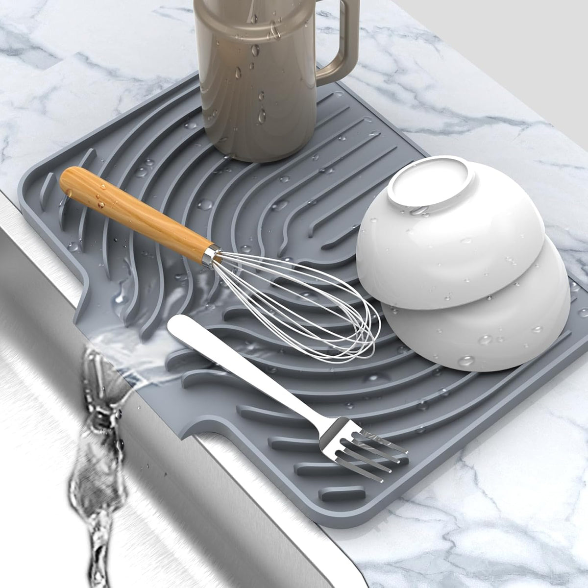 Dish Drying Matt for Kitchen Counter,14.6"×11"Silicone Dry Rack Mat with Built in Drain, Kitchen