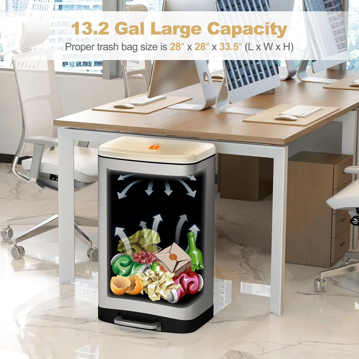 S AFSTAR 13.2 Gal Step Trash Can, 50 Liter Stainless Steel Pedal Trash Bin W/Lock Device & Soft