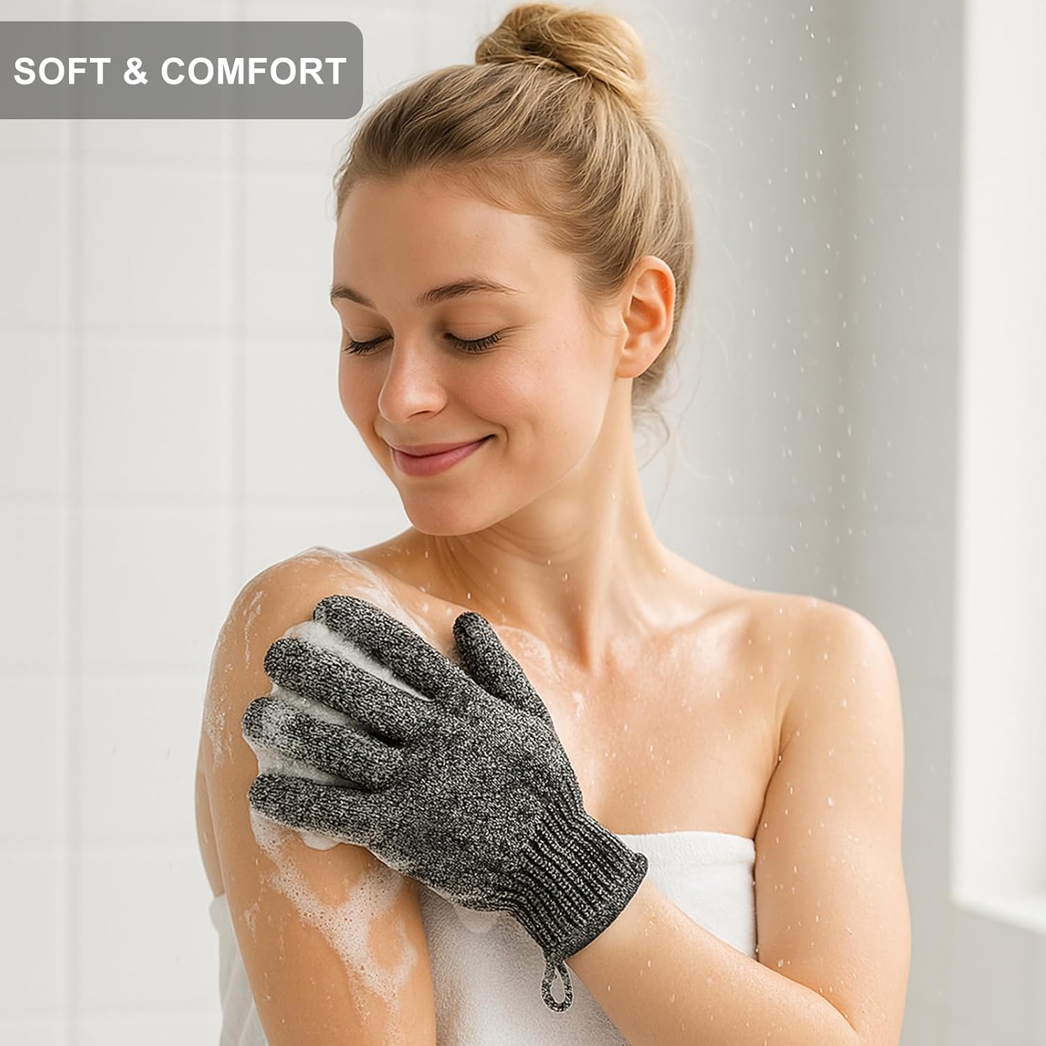 Exfoliating Gloves with Hanging Loop - 1 Pair Bamboo Charcoal Bath/Shower Gloves, Bath Gloves for