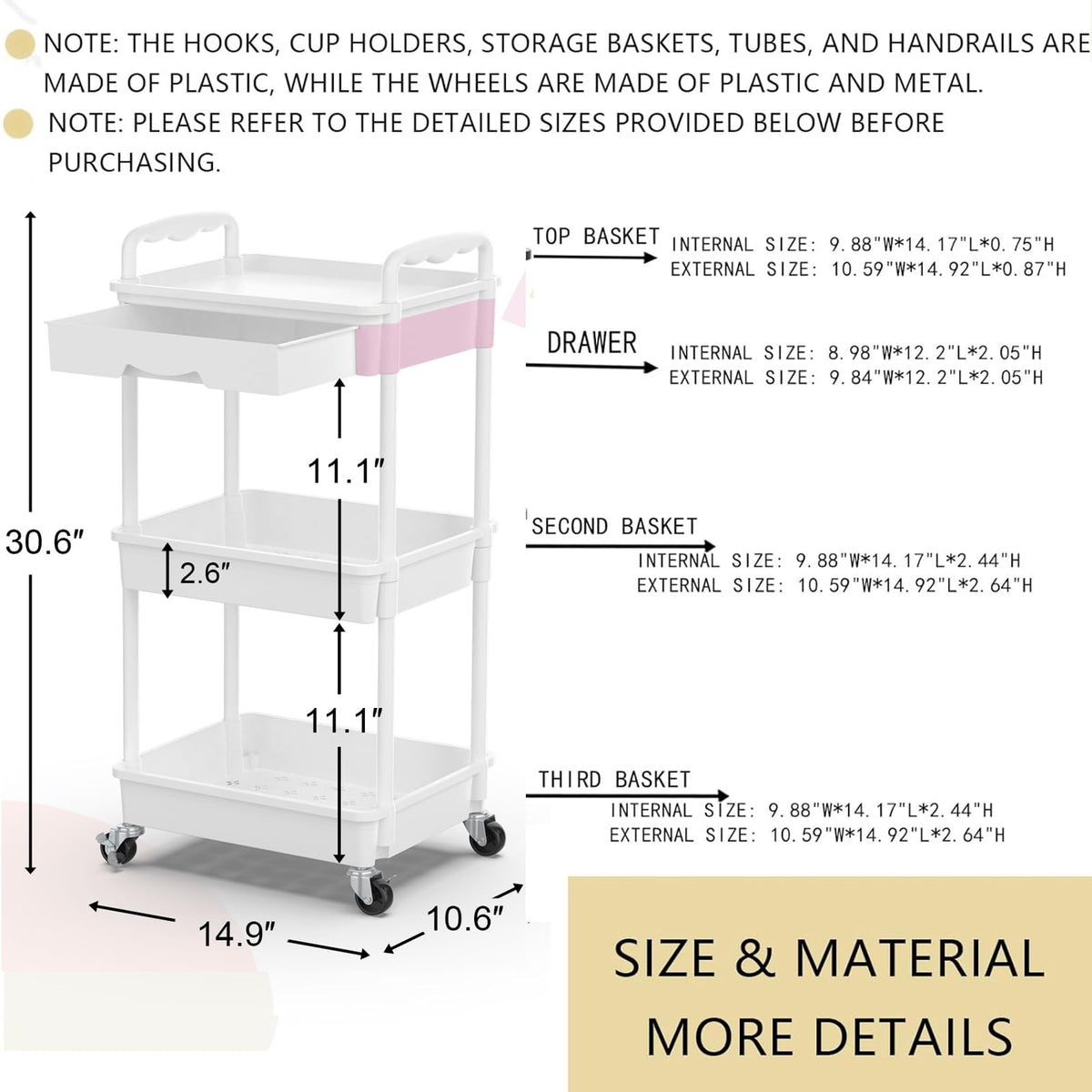 Goovilla 3 Tier Rolling Utility Cart Organizer with Removable Drawer, White
