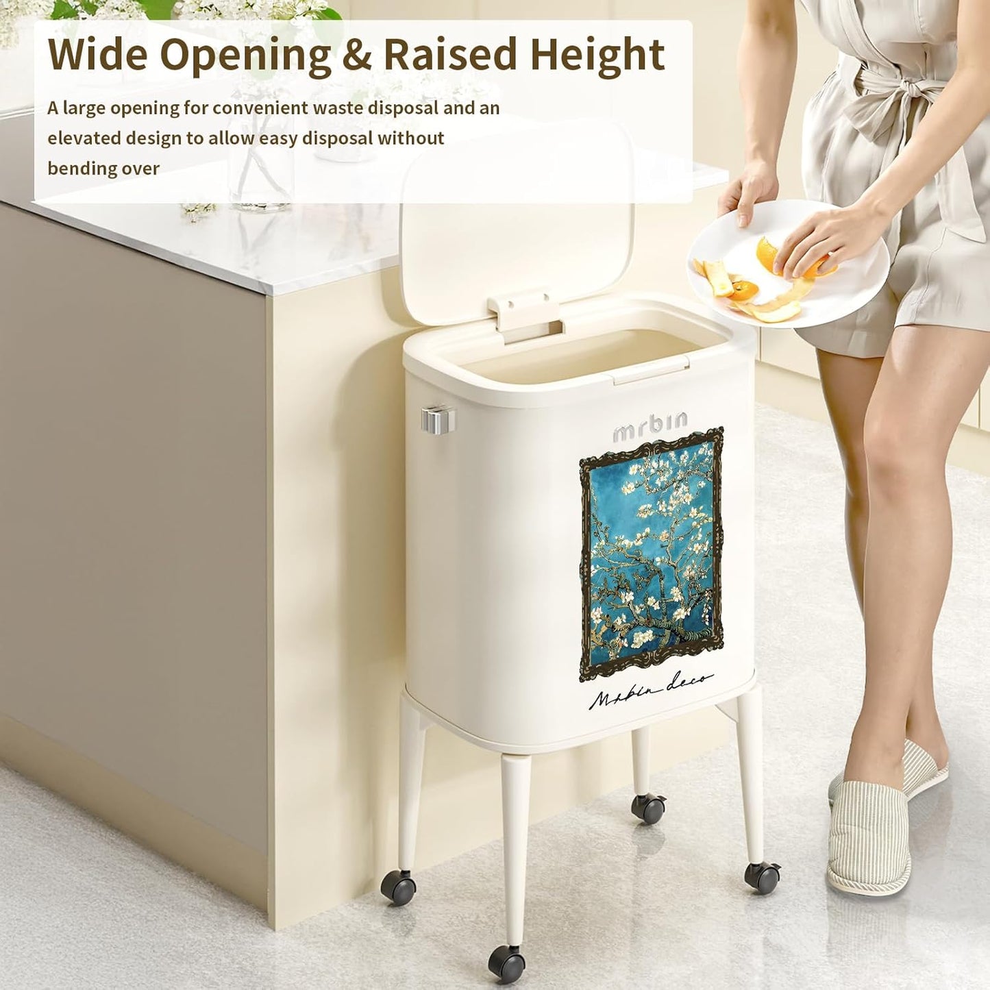 MRBIN Metal Kitchen Trash Can with Wheel Legs, 36L / 9.5gal Medium Press Lid Slim Removable Waste
