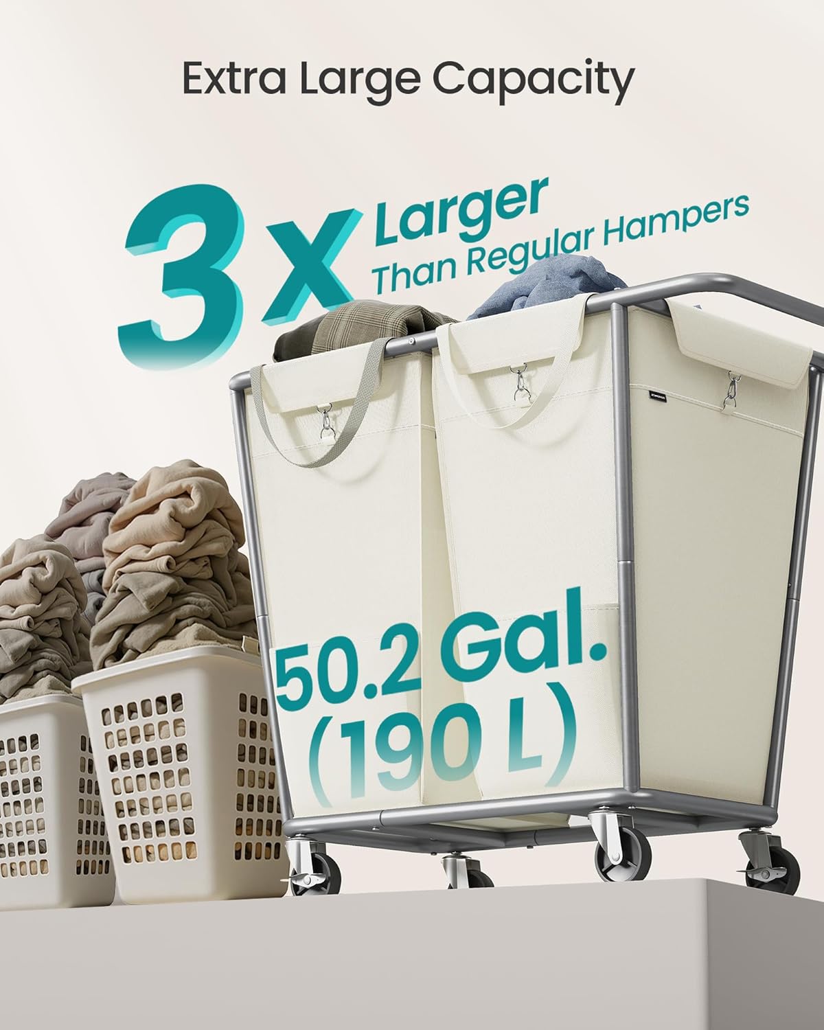 SONGMICS Laundry Basket with Wheels, 50.2 Gallons (190 L), 2-Section Rolling Laundry Hamper with