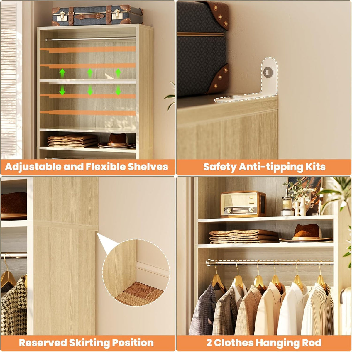 Unikito 3FT Freestanding Closet System with 2 Hanging Rods & Adjustable Shelve, 36'' Wood Closet