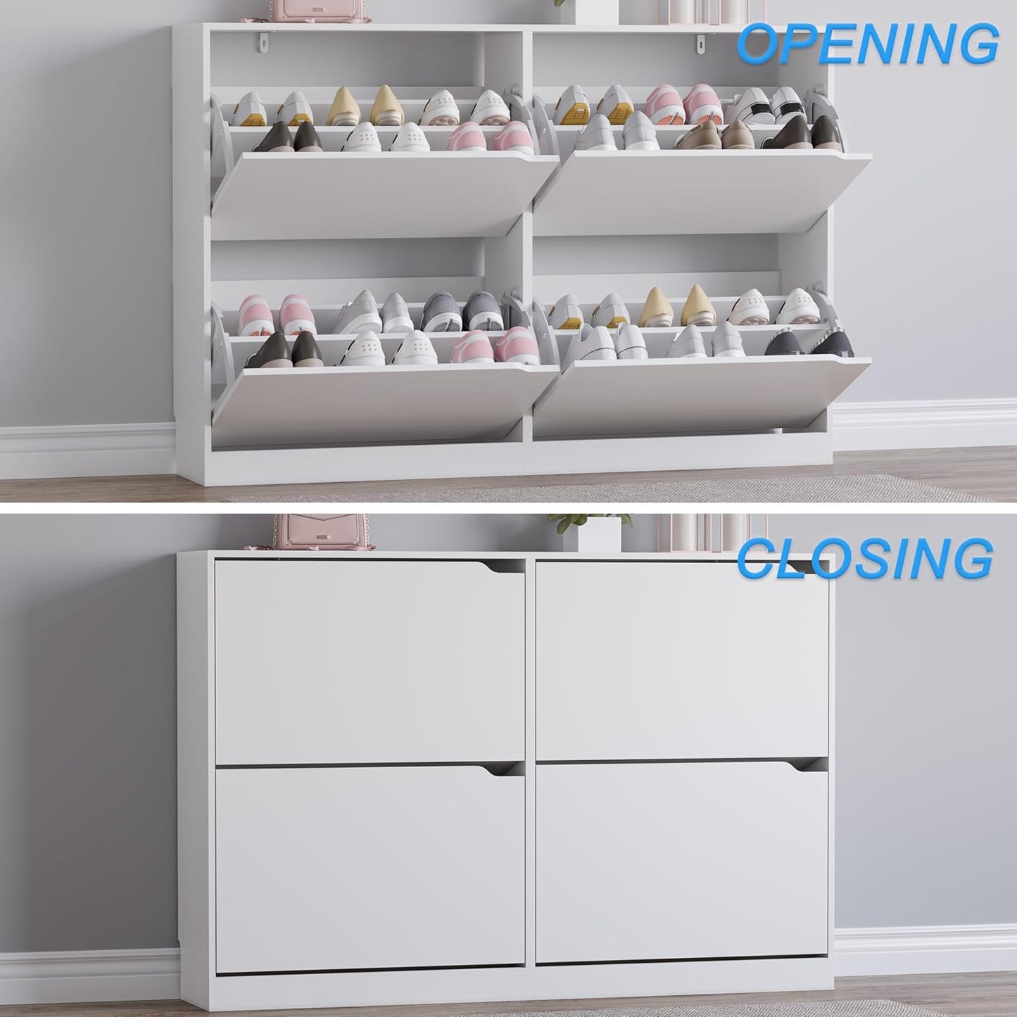 Shoe Cabinet with 4 Flip Drawers, Narrow Hidden Shoe Storage Cabinet, Slim Freestanding Shoe Rack